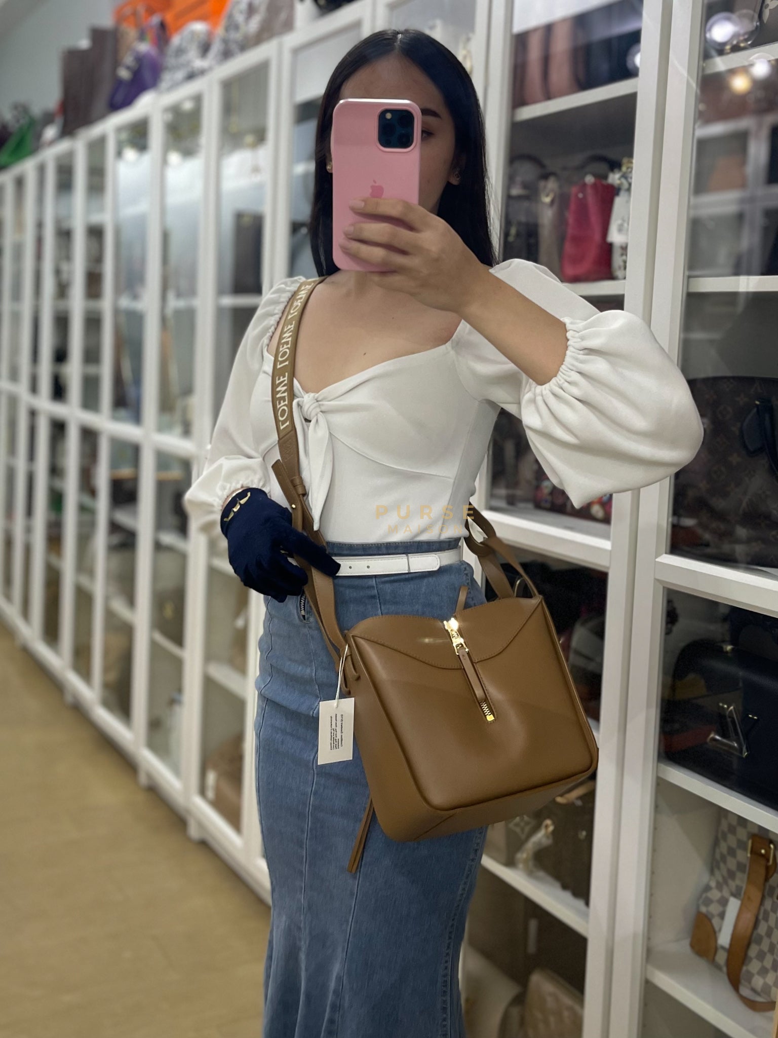 Compact Hammock in Tan Satin Calfskin Leather Shoulder Bag | Purse Maison Luxury Bags Shop