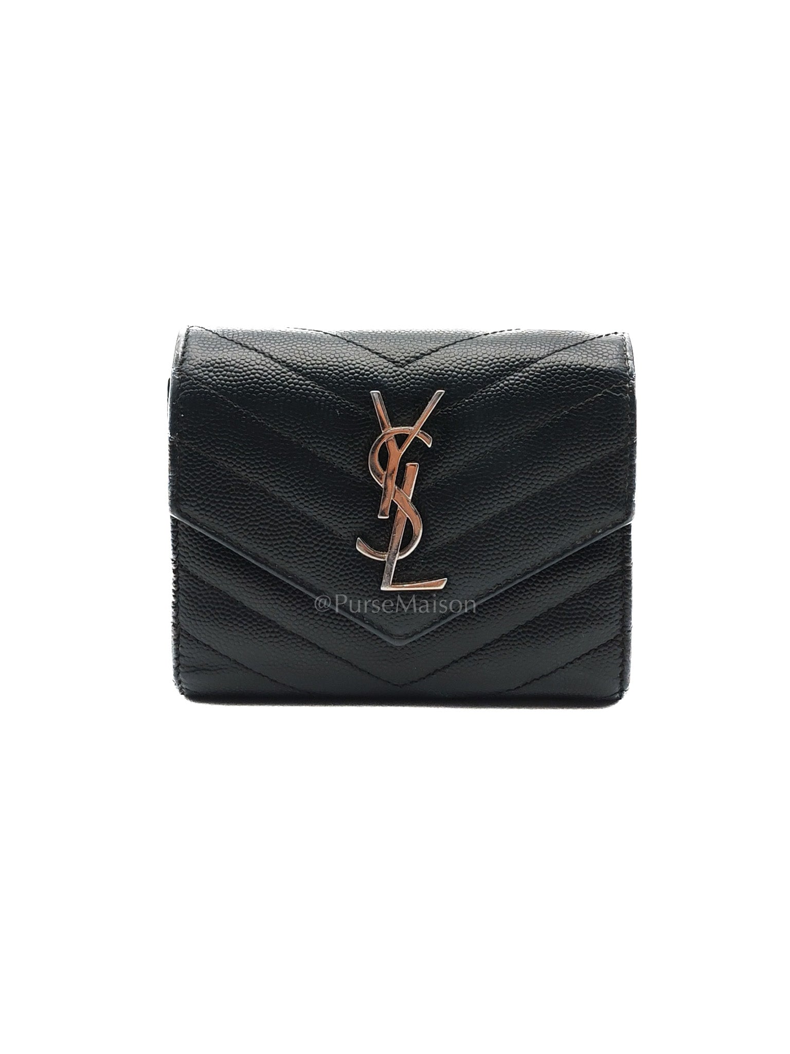 Compact Tri-fold Wallet In Black Grain de Poudre Embossed Leather & Silver Hardware | Purse Maison Luxury Bags Shop