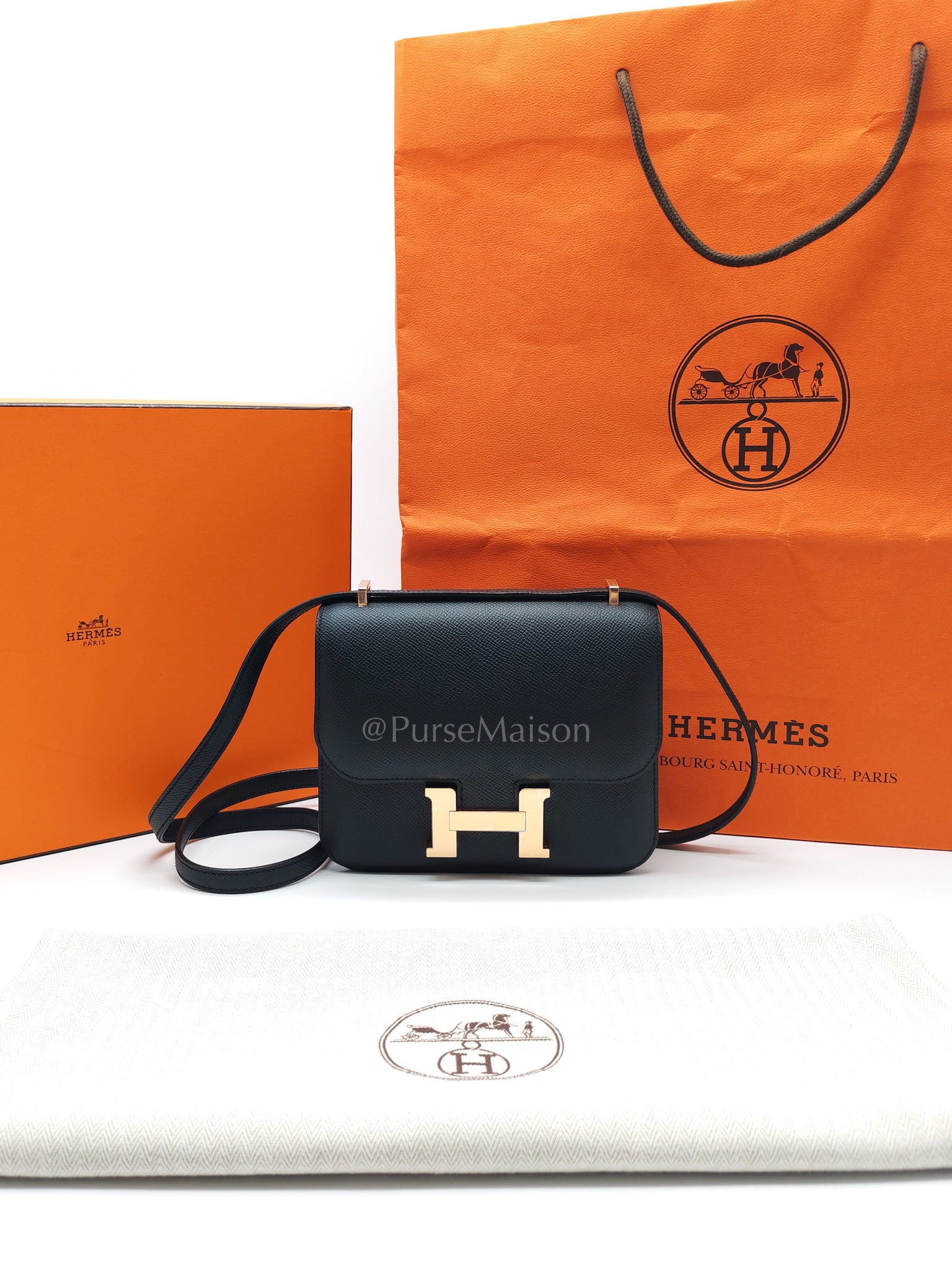 Constance 18 Black/Noir Epsom Leather in Brushed Gold Hardware Stamp B(2023) | Purse Maison Luxury Bags Shop