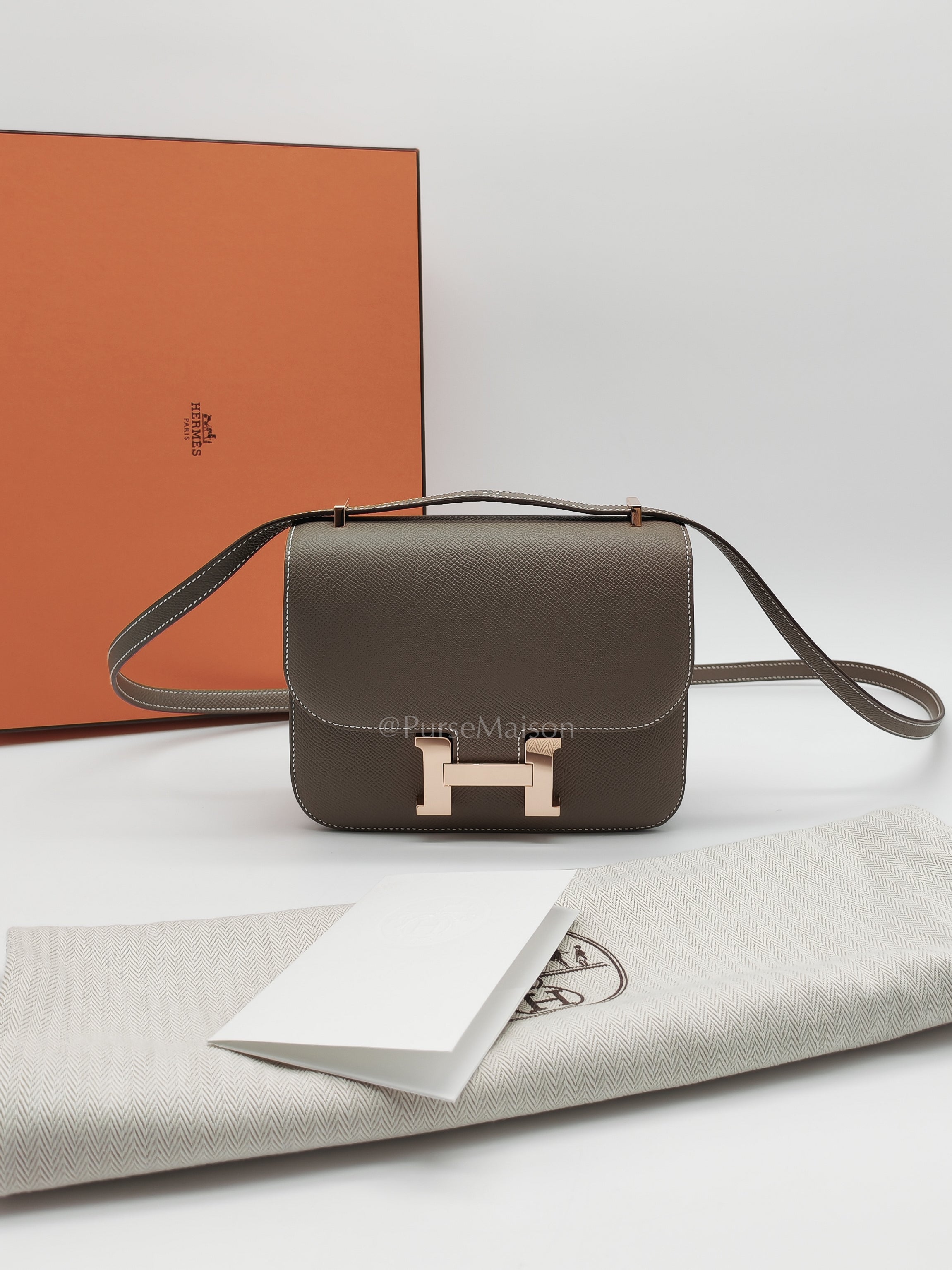 Constance 18 in Etoupe Epsom Leather and Rose Gold Hardware Stamp B (2023) | Purse Maison Luxury Bags Shop