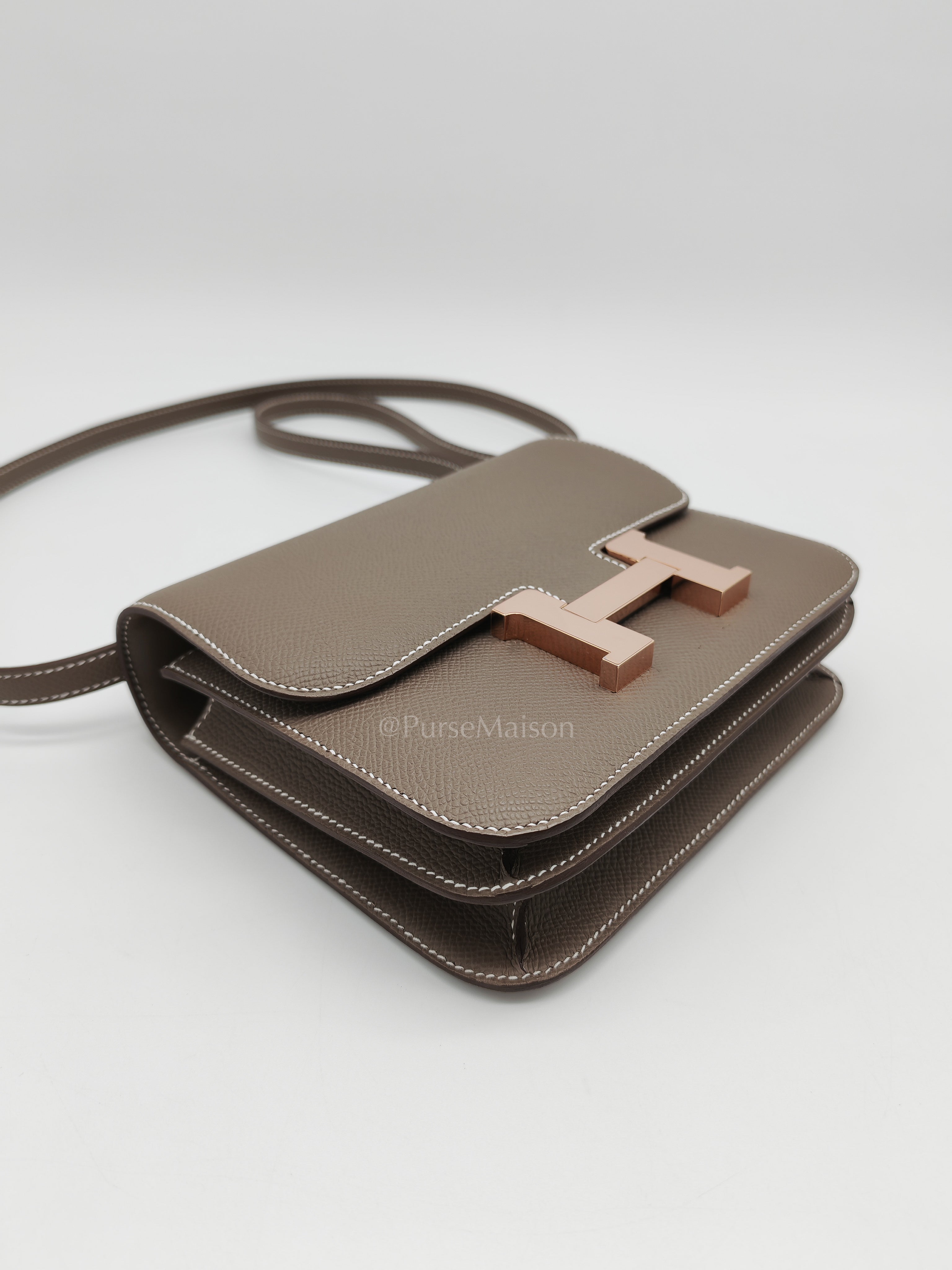 Constance 18 in Etoupe Epsom Leather and Rose Gold Hardware Stamp B (2023) | Purse Maison Luxury Bags Shop