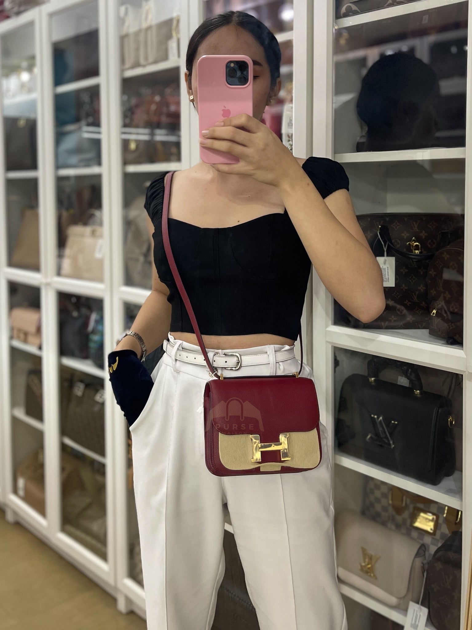 Constance 18 in Rouge Grenat Epsom Leather and Gold Hardware Stamp U (2022) | Purse Maison Luxury Bags Shop