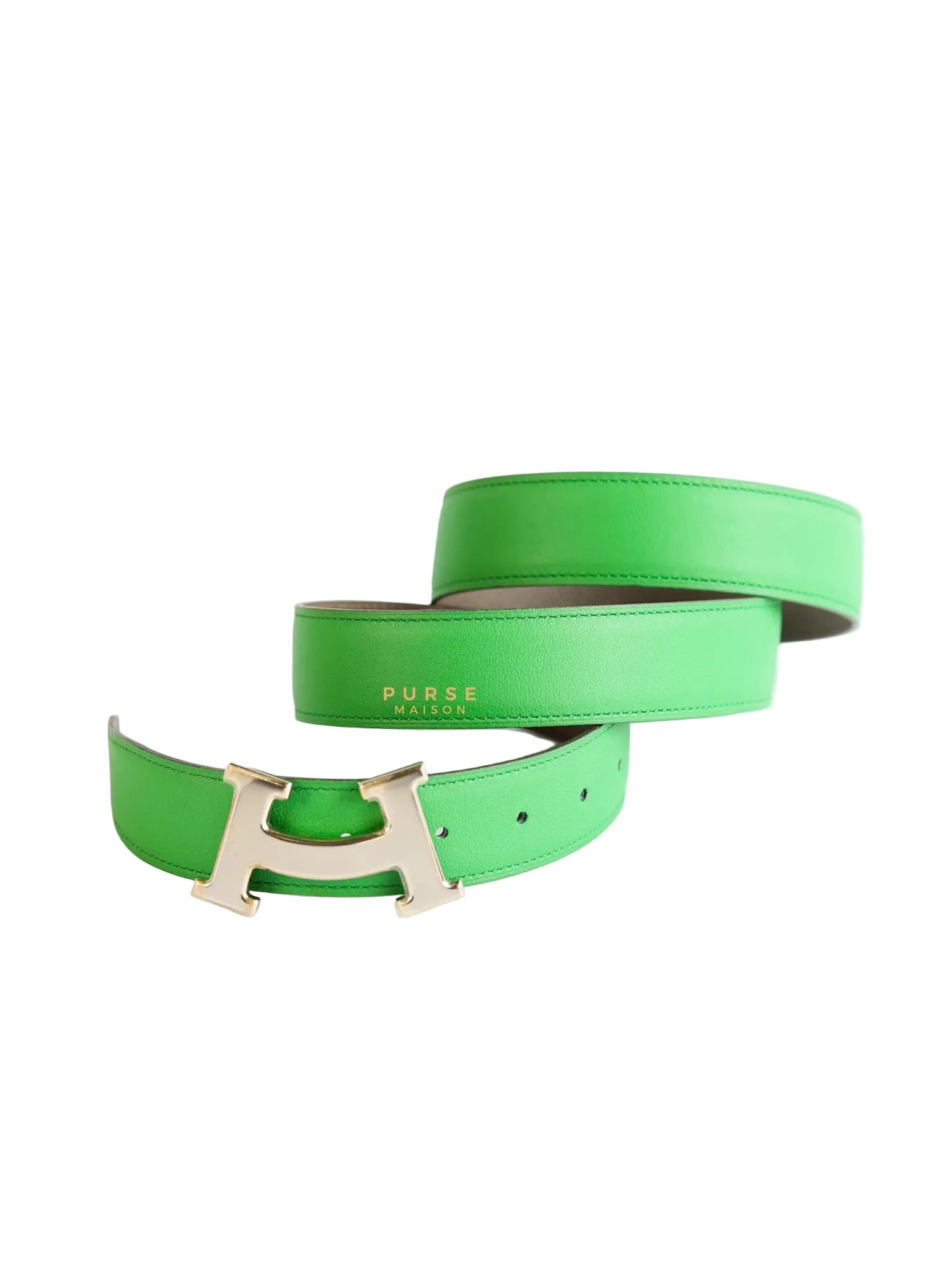 Constance Belt with Smile H Palladium Buckle & Reversible Leather Strap (Etoupe/Vert) (85) | Purse Maison Luxury Bags Shop
