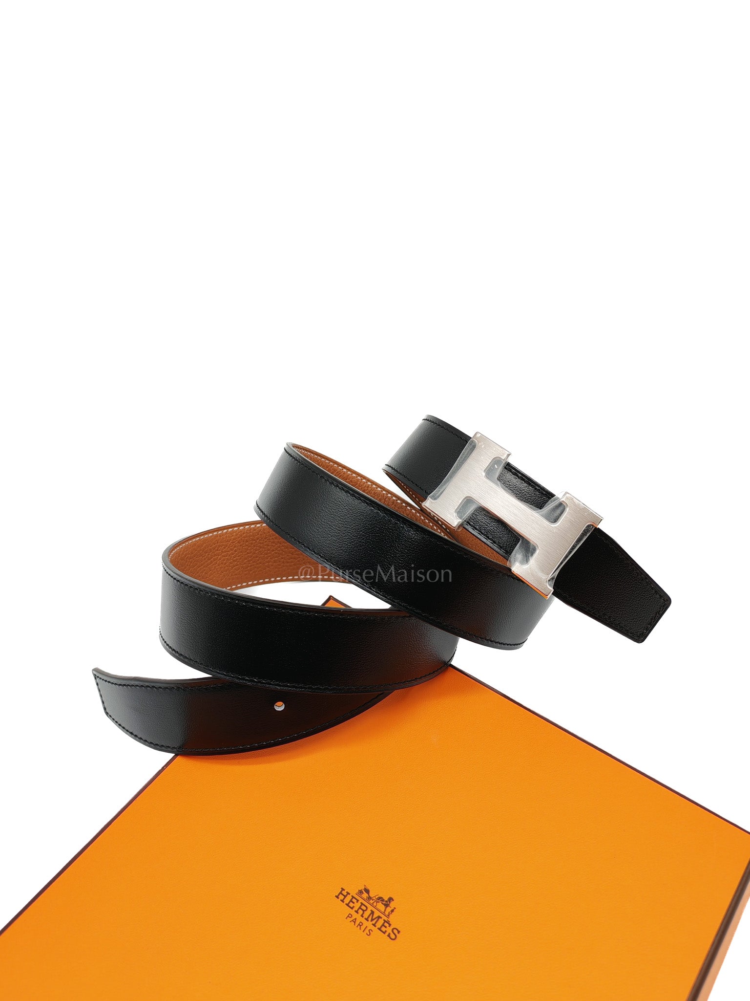 Constance Reversible Belt in Black & Palladium H Buckle Size 105 | Purse Maison Luxury Bags Shop