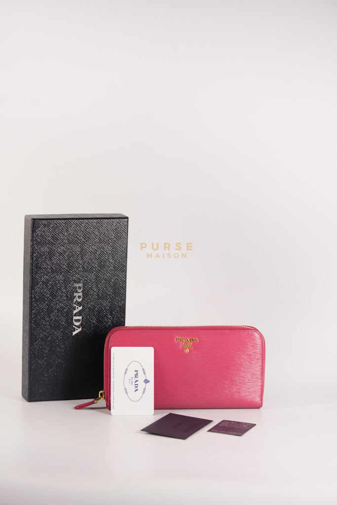 Continental Logo Long Zip Wallet in Pink Saffiano Leather & Gold Hardware | Purse Maison Luxury Bags Shop