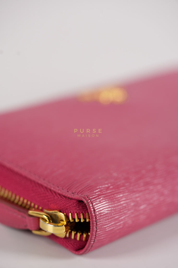 Continental Logo Long Zip Wallet in Pink Saffiano Leather & Gold Hardware | Purse Maison Luxury Bags Shop