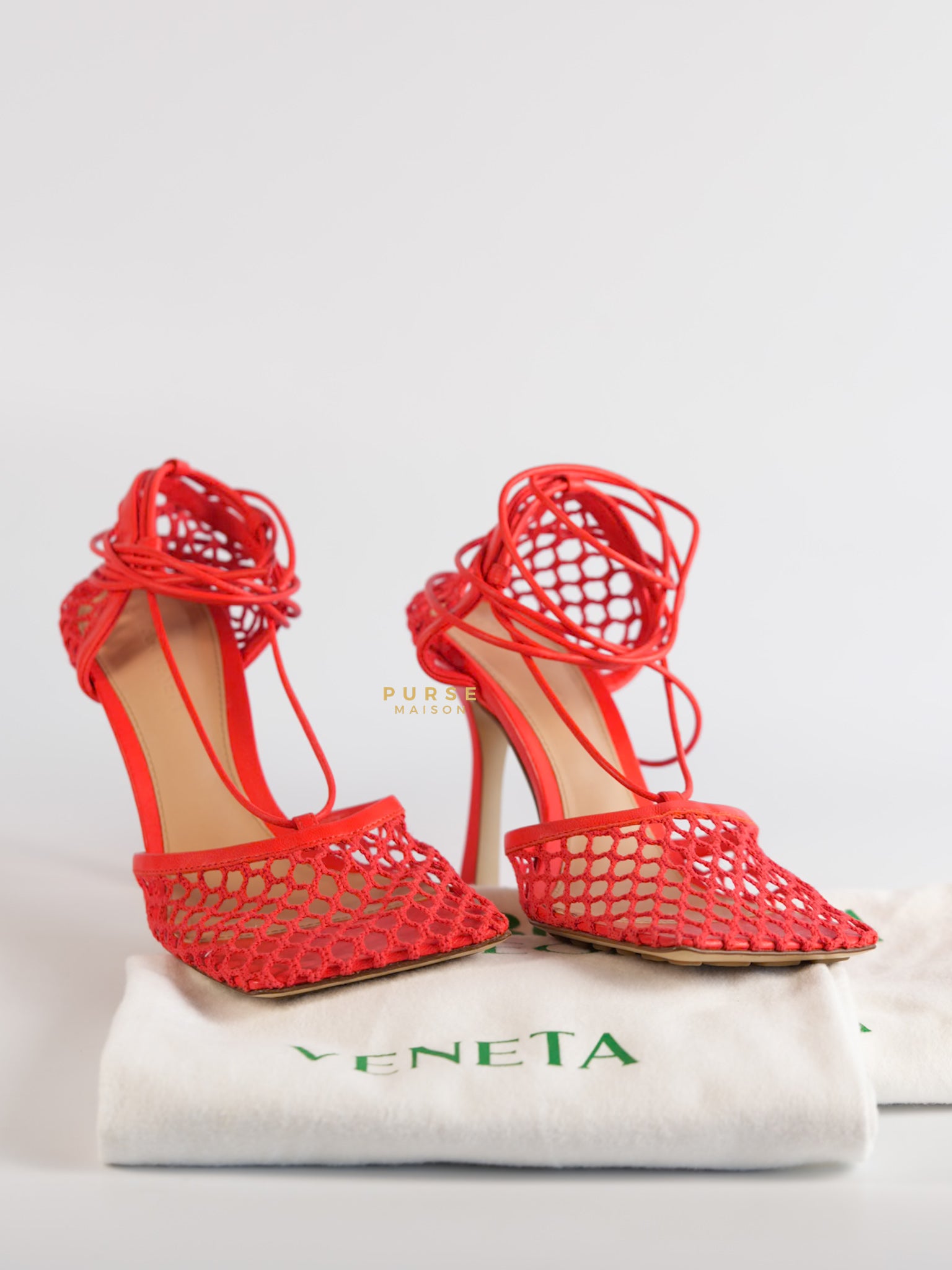 Coral Red Mesh and Leather Stretch Wrap Pumps Size 37 | Purse Maison Luxury Bags Shop