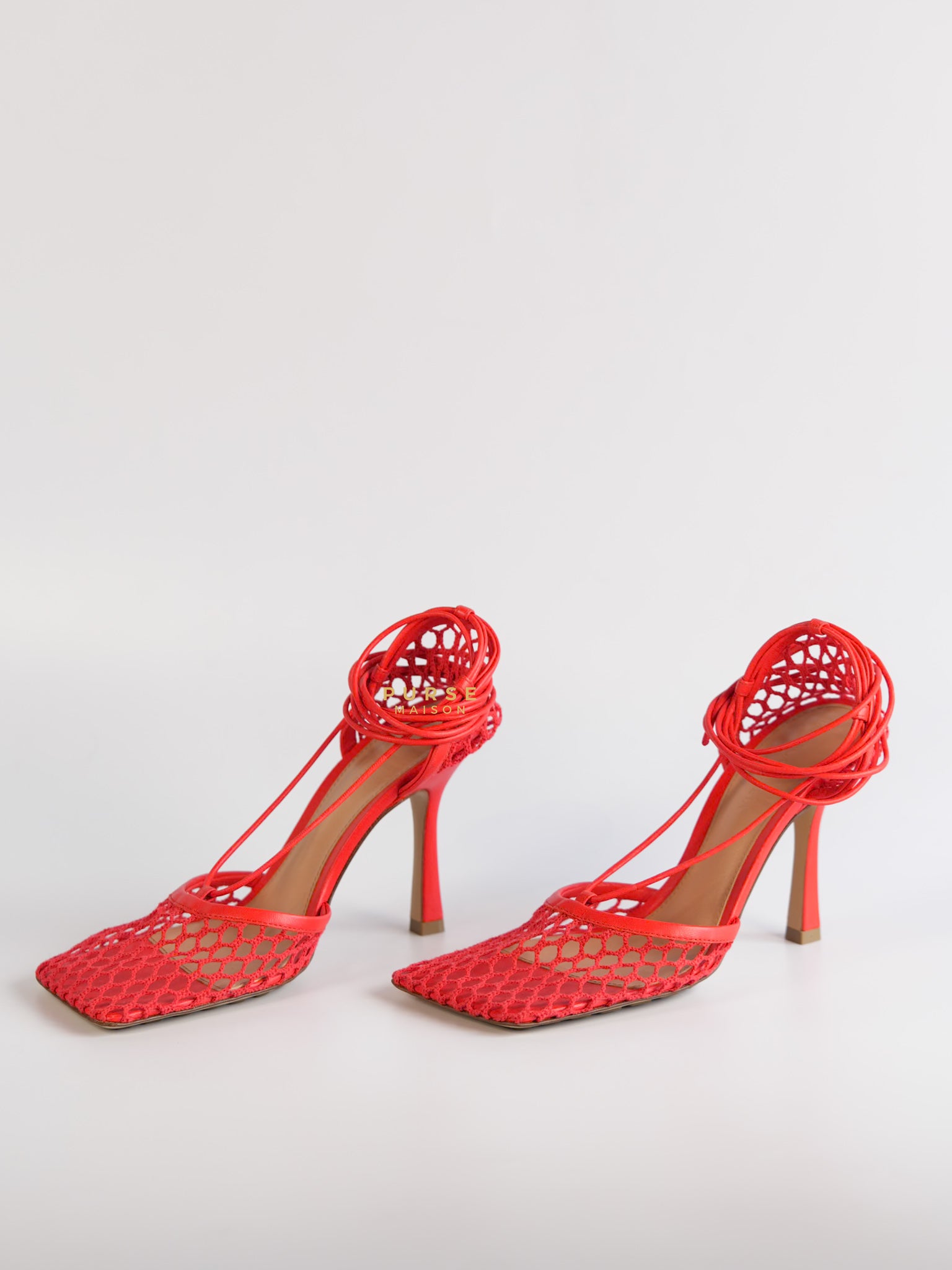 Coral Red Mesh and Leather Stretch Wrap Pumps Size 37 | Purse Maison Luxury Bags Shop