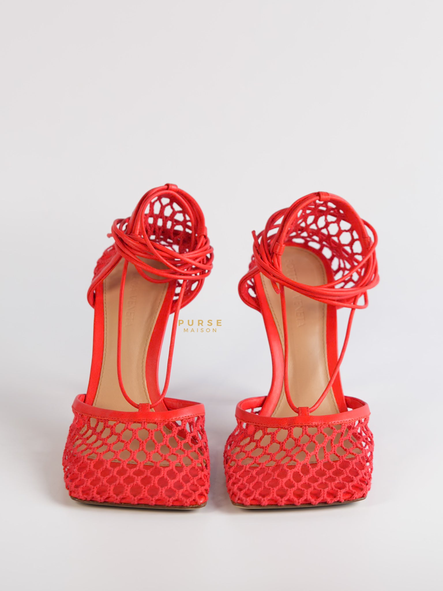 Coral Red Mesh and Leather Stretch Wrap Pumps Size 37 | Purse Maison Luxury Bags Shop