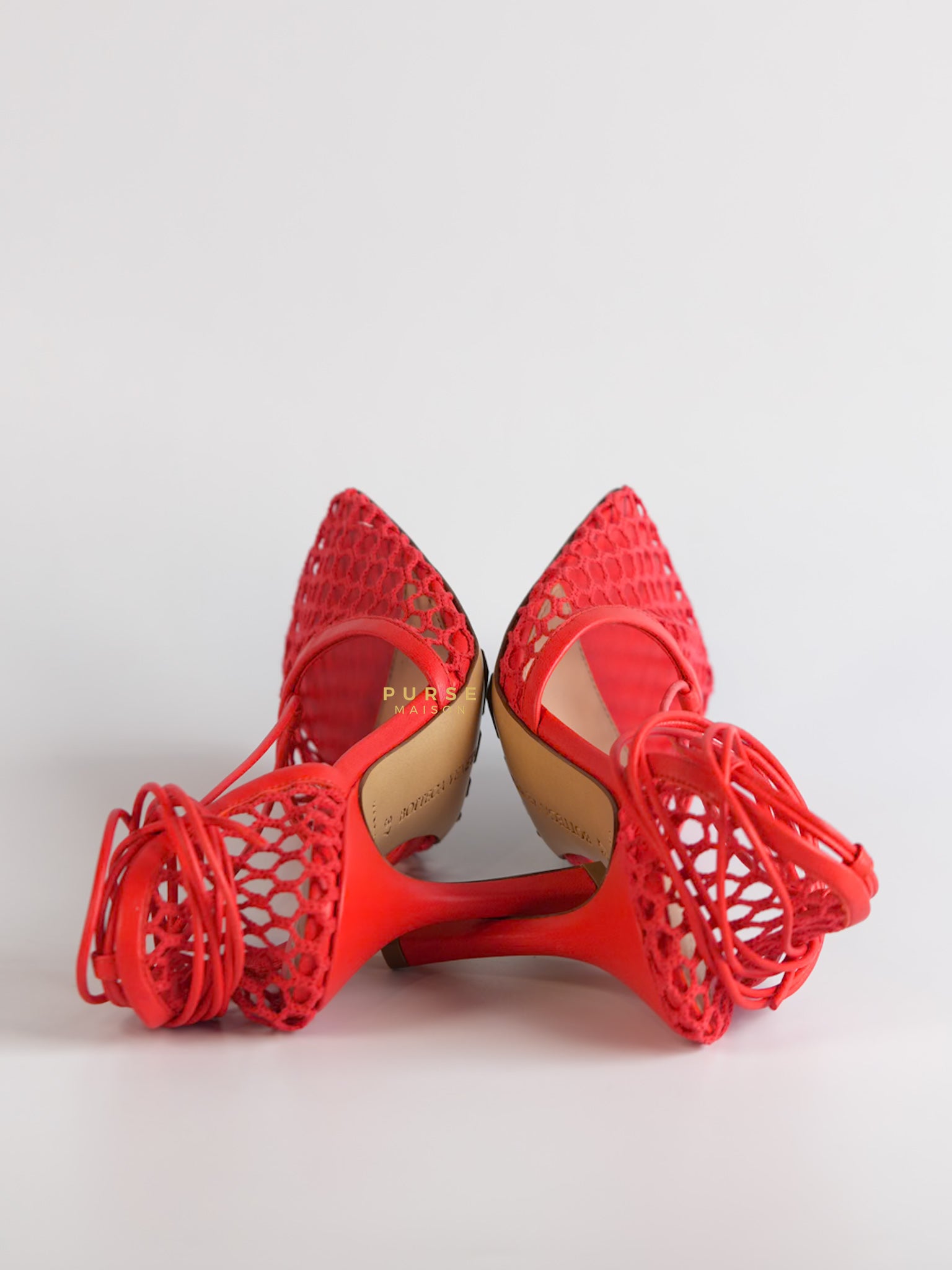 Coral Red Mesh and Leather Stretch Wrap Pumps Size 37 | Purse Maison Luxury Bags Shop