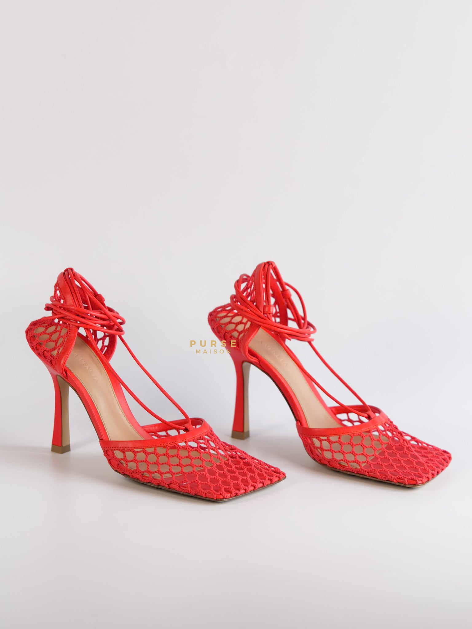 Coral Red Mesh and Leather Stretch Wrap Pumps Size 37 | Purse Maison Luxury Bags Shop