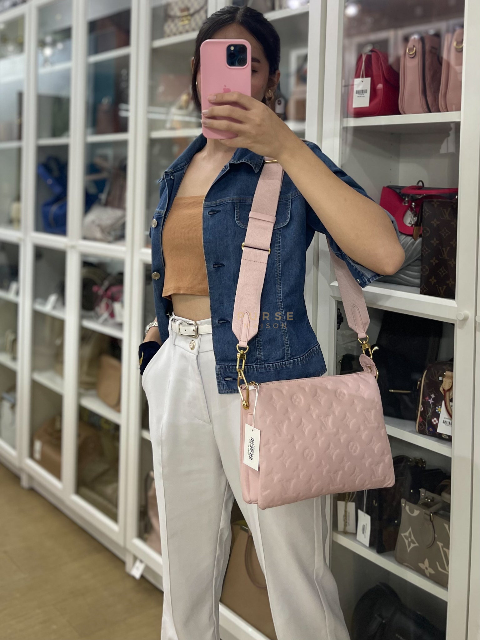 Coussin PM Rose Pink in Embossed Monogram Calfskin Leather (Microchip) | Purse Maison Luxury Bags Shop