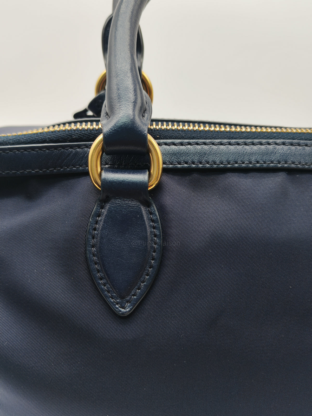 Prada 1BA104 Two-way Bag in Navy Blue Tessuto Nylon & Calfskin Leather Gold Hardware