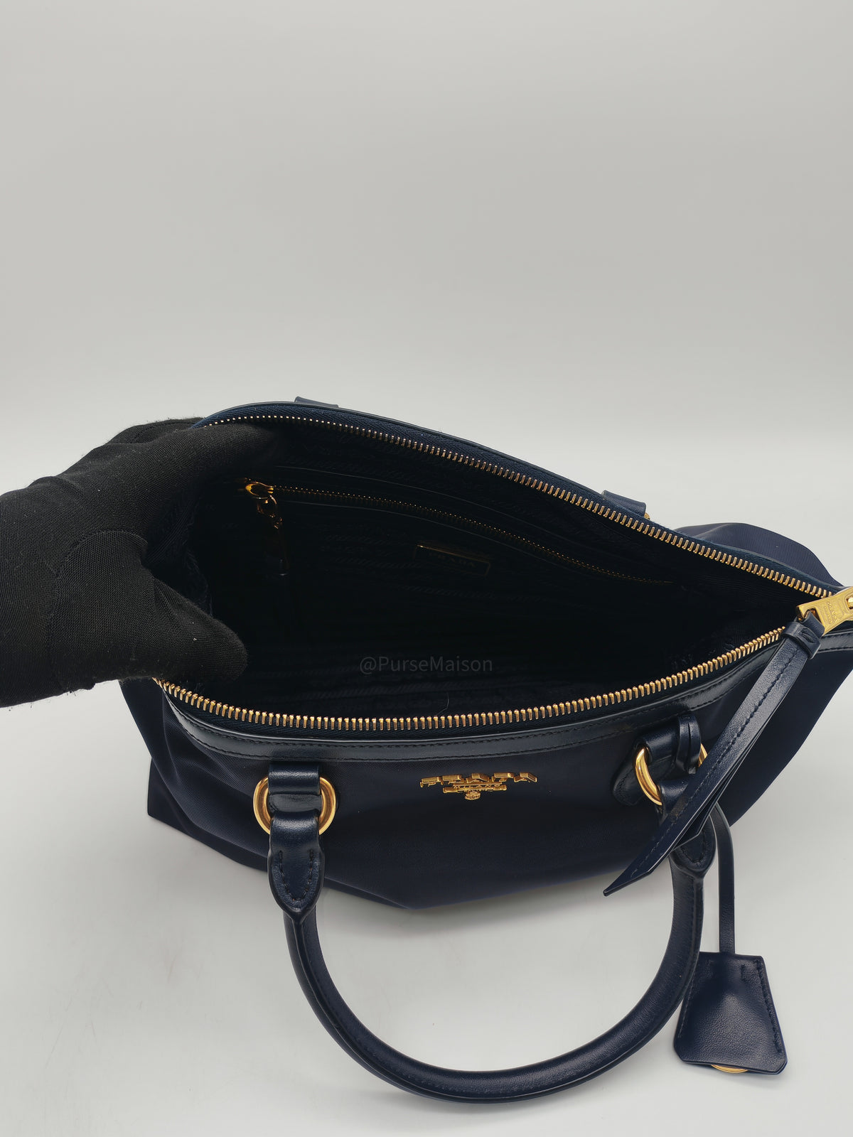 Prada 1BA104 Two-way Bag in Navy Blue Tessuto Nylon & Calfskin Leather Gold Hardware