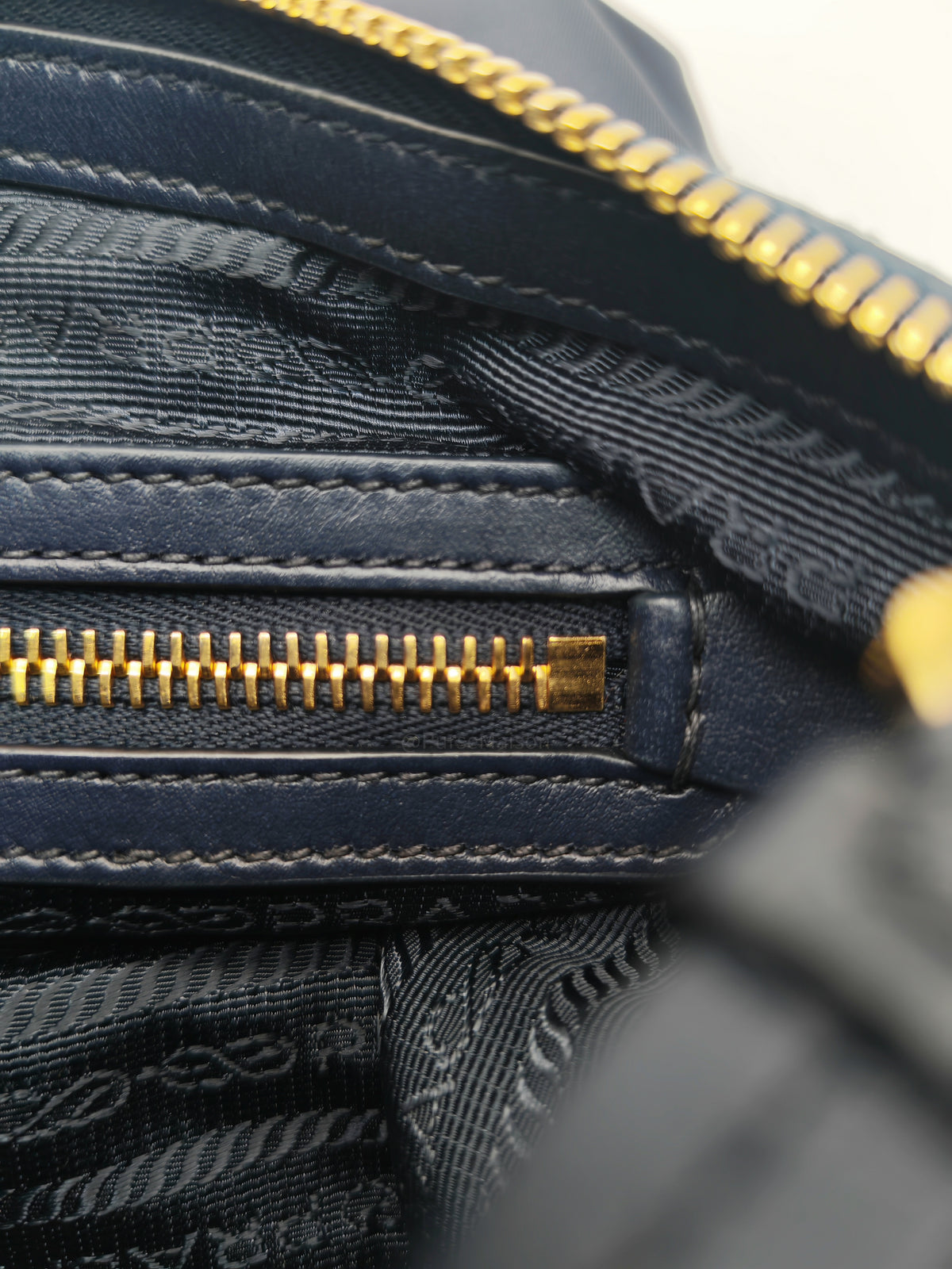 Prada 1BA104 Two-way Bag in Navy Blue Tessuto Nylon & Calfskin Leather Gold Hardware
