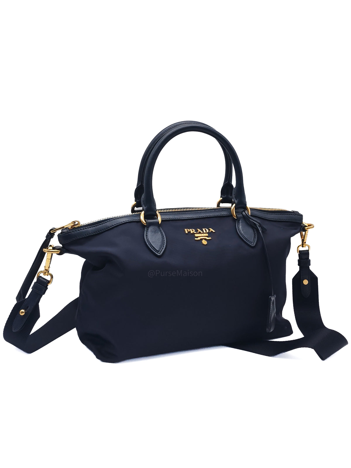 Prada 1BA104 Two-way Bag in Navy Blue Tessuto Nylon & Calfskin Leather Gold Hardware