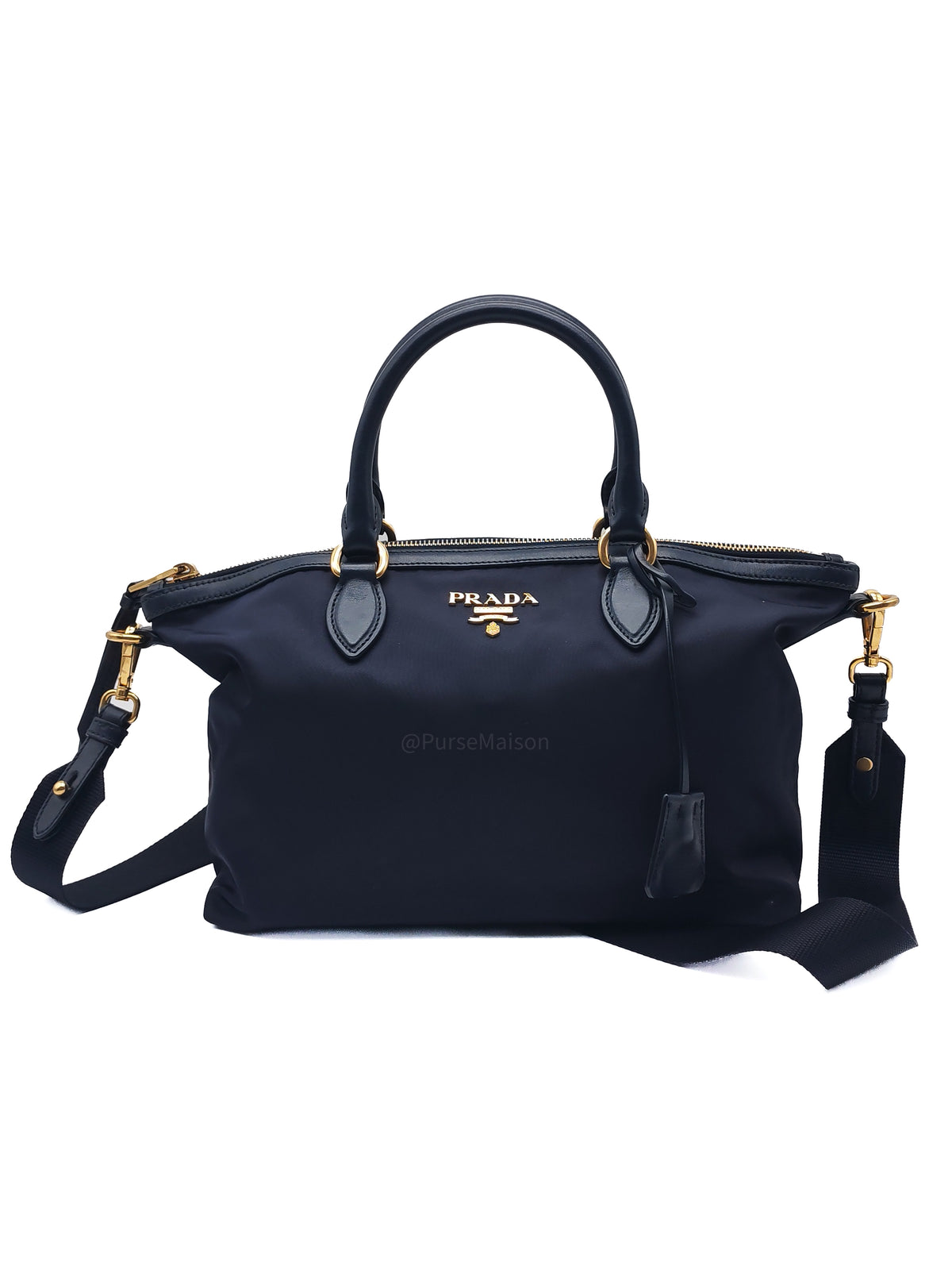 Prada 1BA104 Two-way Bag in Navy Blue Tessuto Nylon & Calfskin Leather Gold Hardware