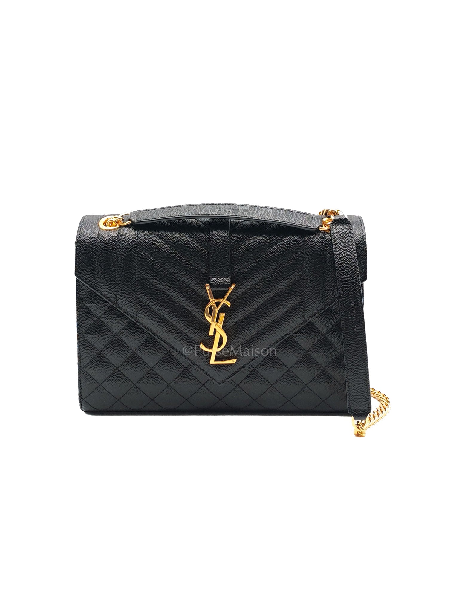 Yves Saint Laurent Envelope Bag Medium in Black Chevron Quilted Grain de Poudre Leather and Gold Hardware