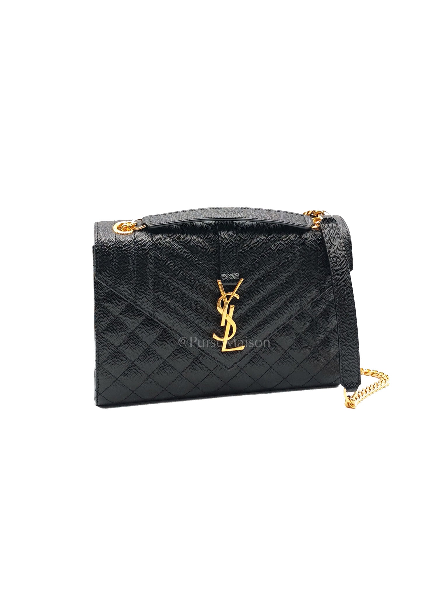 Yves Saint Laurent Envelope Bag Medium in Black Chevron Quilted Grain de Poudre Leather and Gold Hardware