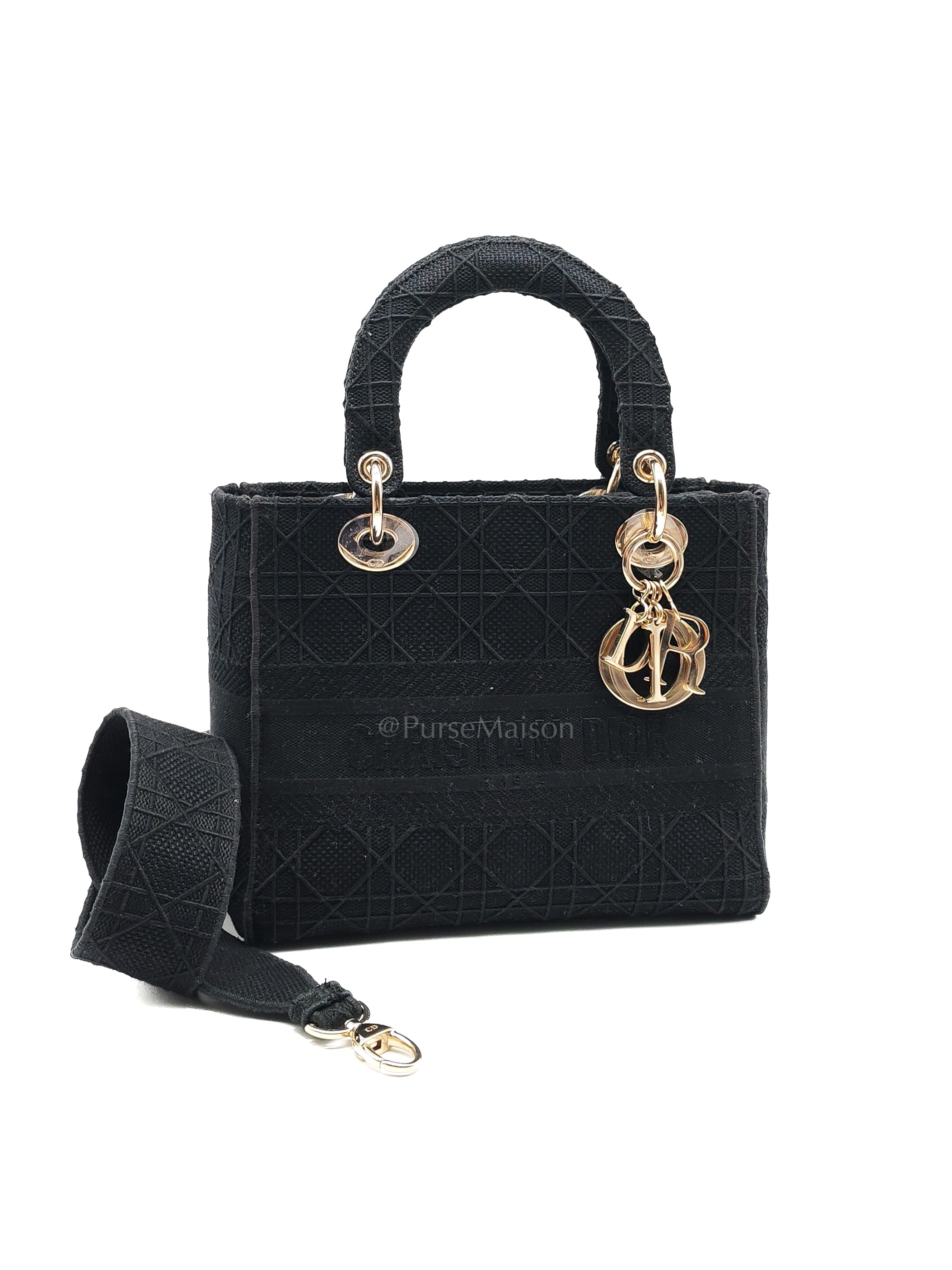 D-Lite Medium in Black Embroidered Canvas & Light Gold Hardware | Purse Maison Luxury Bags Shop