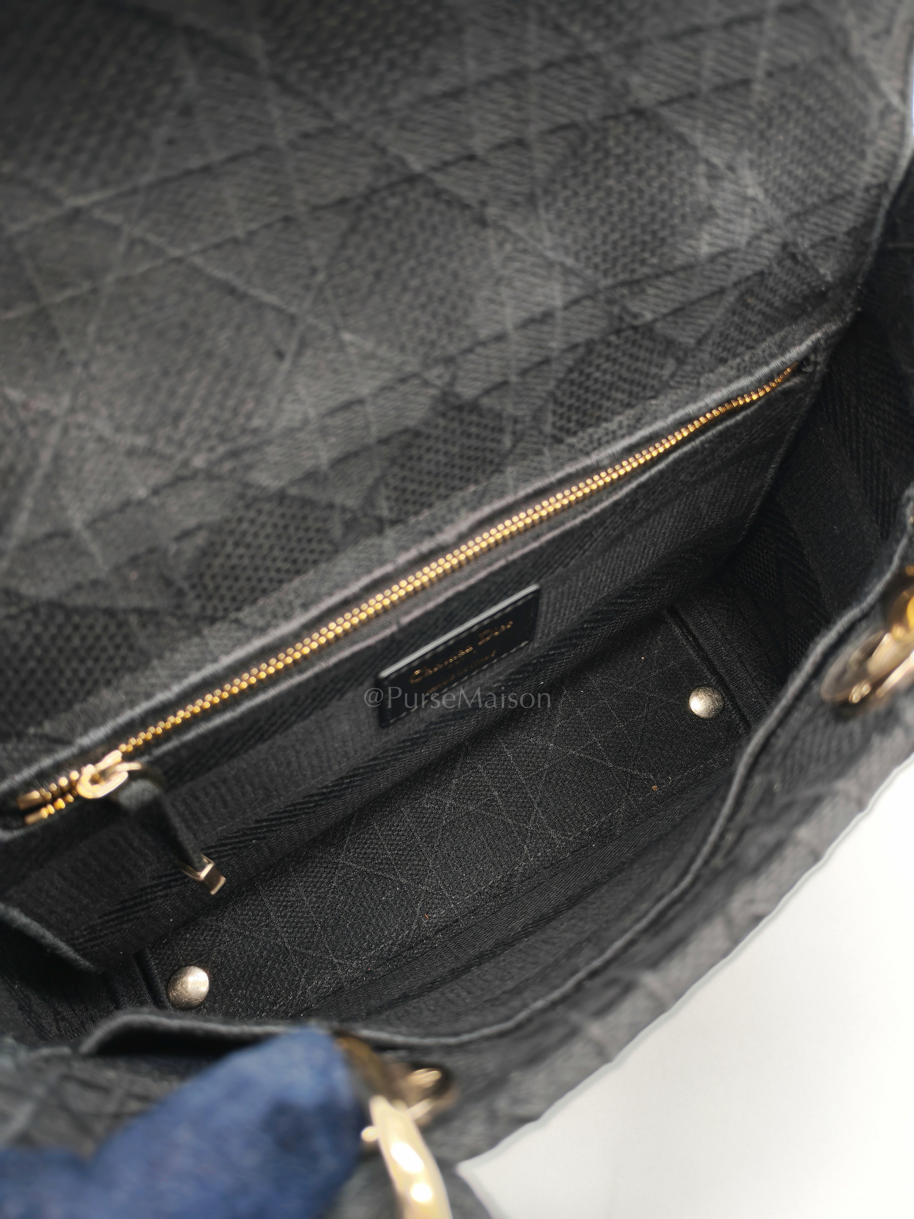 D-Lite Medium in Black Embroidered Canvas & Light Gold Hardware | Purse Maison Luxury Bags Shop