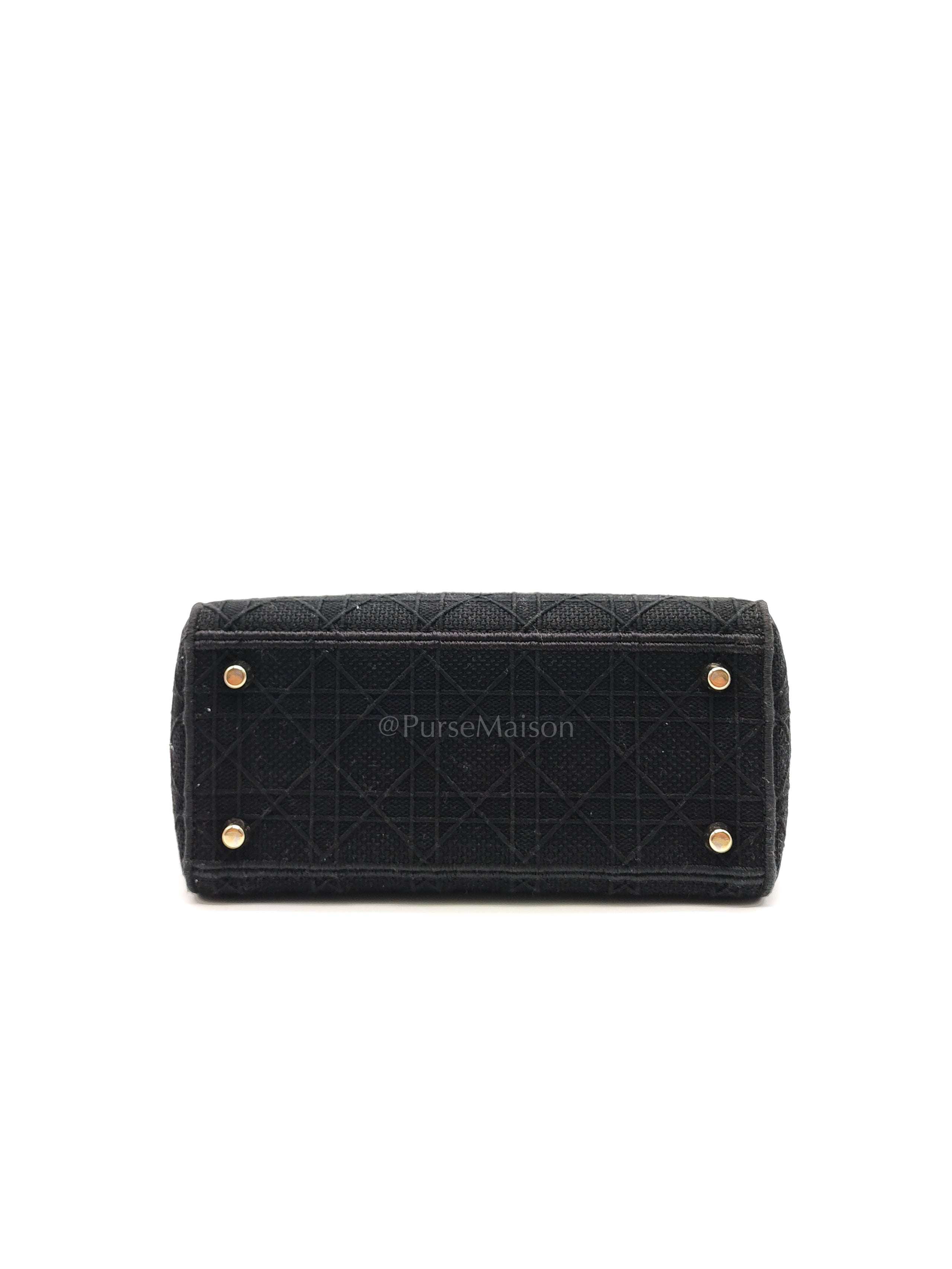 D-Lite Medium in Black Embroidered Canvas & Light Gold Hardware | Purse Maison Luxury Bags Shop