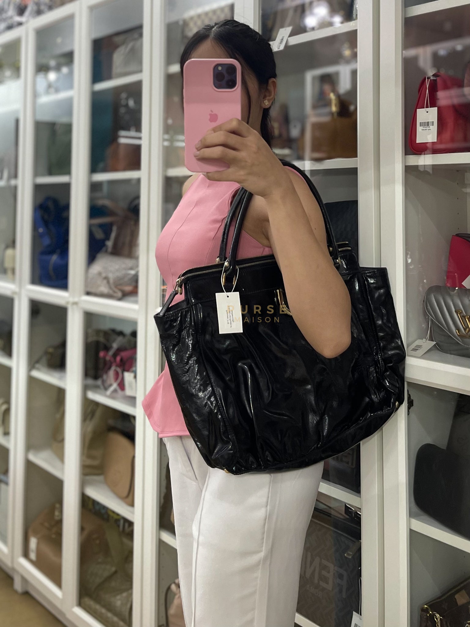 D-Ring Patent Leather Tote Bag in Black | Purse Maison Luxury Bags Shop