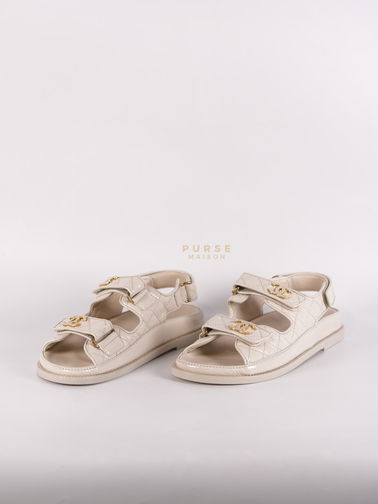 Dad Sandals/ Mandals Light Grey in Shiny Calfskin Leather Size 37.5 (26 cm) | Purse Maison Luxury Bags Shop