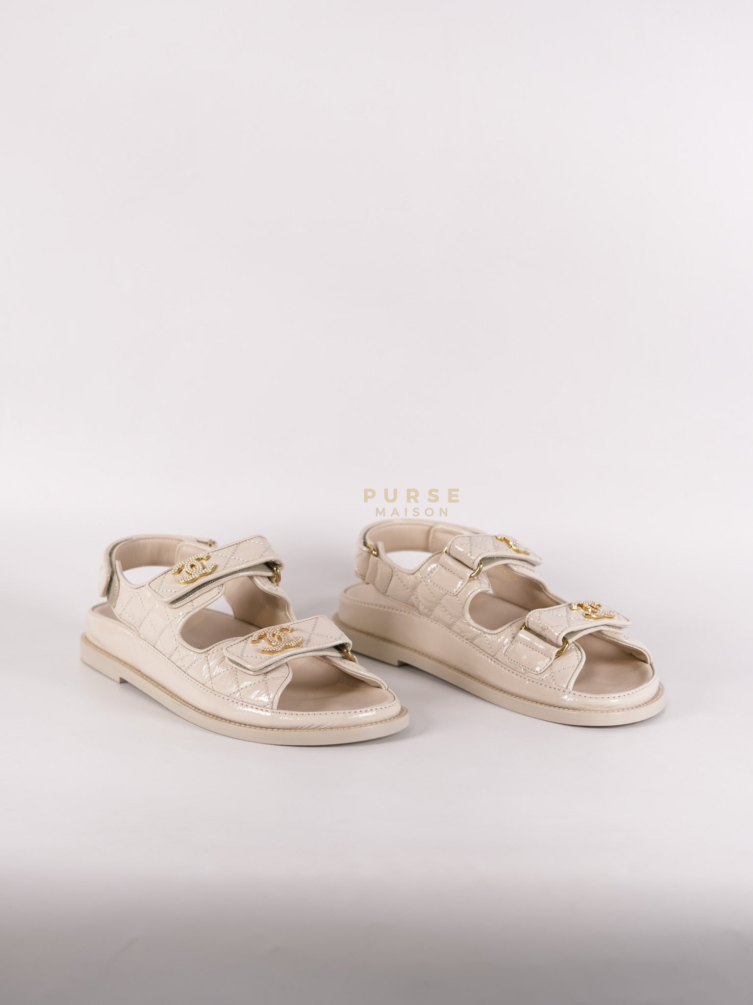 Dad Sandals/ Mandals Light Grey in Shiny Calfskin Leather Size 37.5 (26 cm) | Purse Maison Luxury Bags Shop