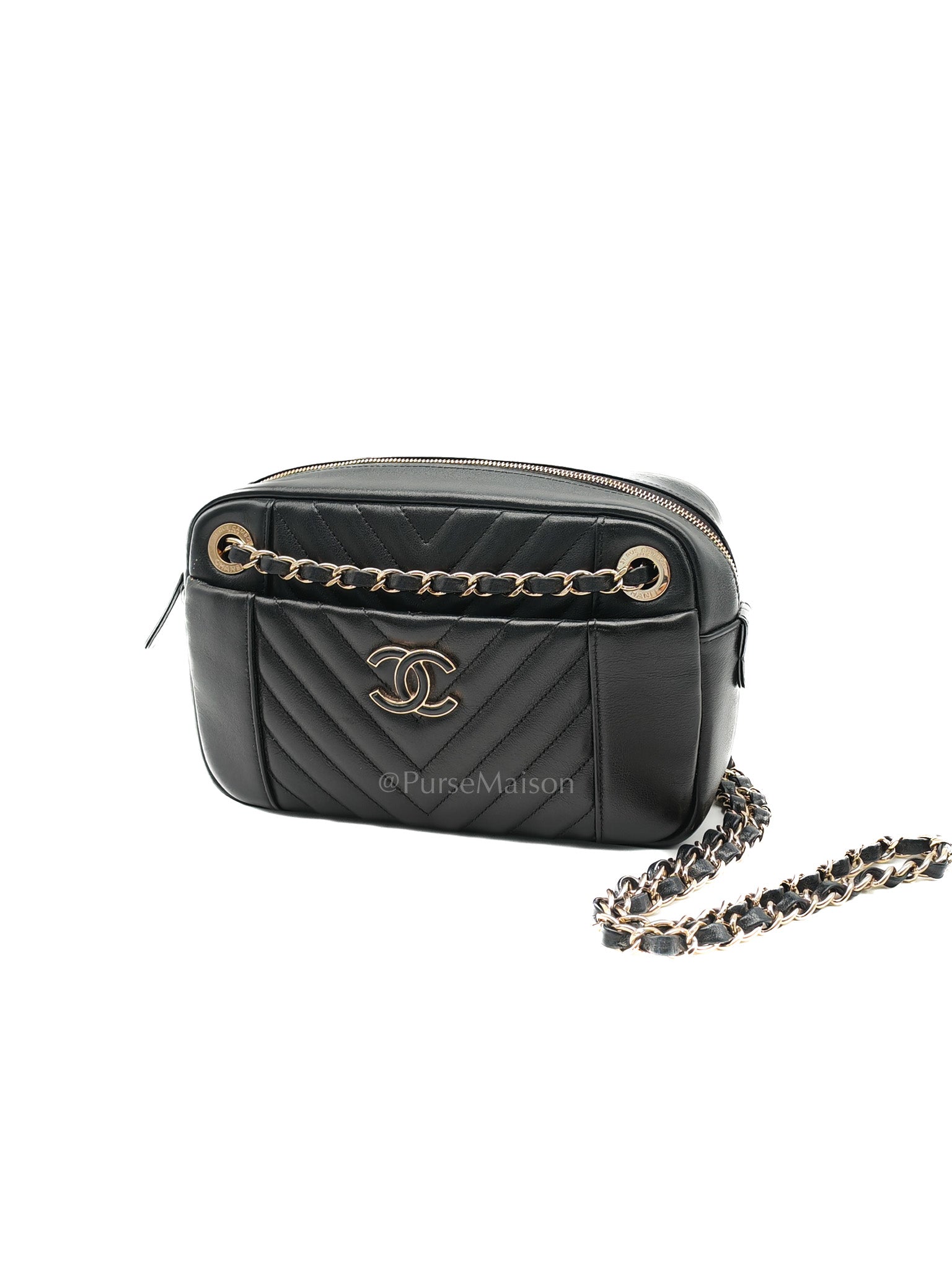 Chanel Chevron Daily Camera Case Bag in Black Calfskin Leather and Light Gold Hardware Series 27