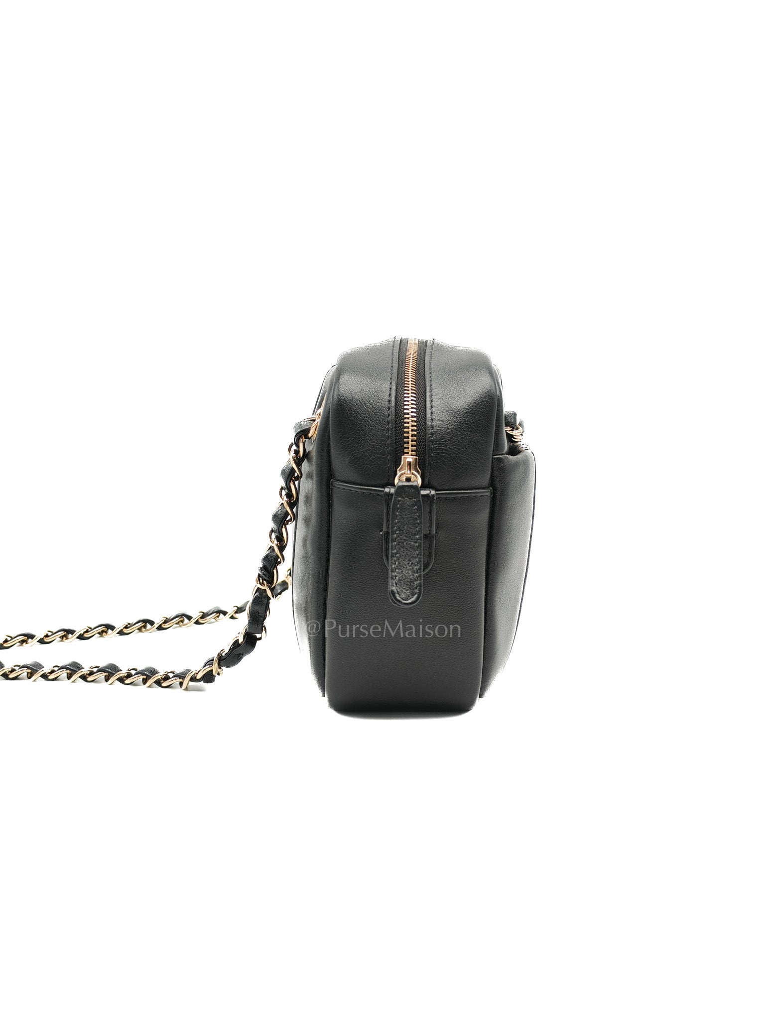 Chanel Chevron Daily Camera Case Bag in Black Calfskin Leather and Light Gold Hardware Series 27