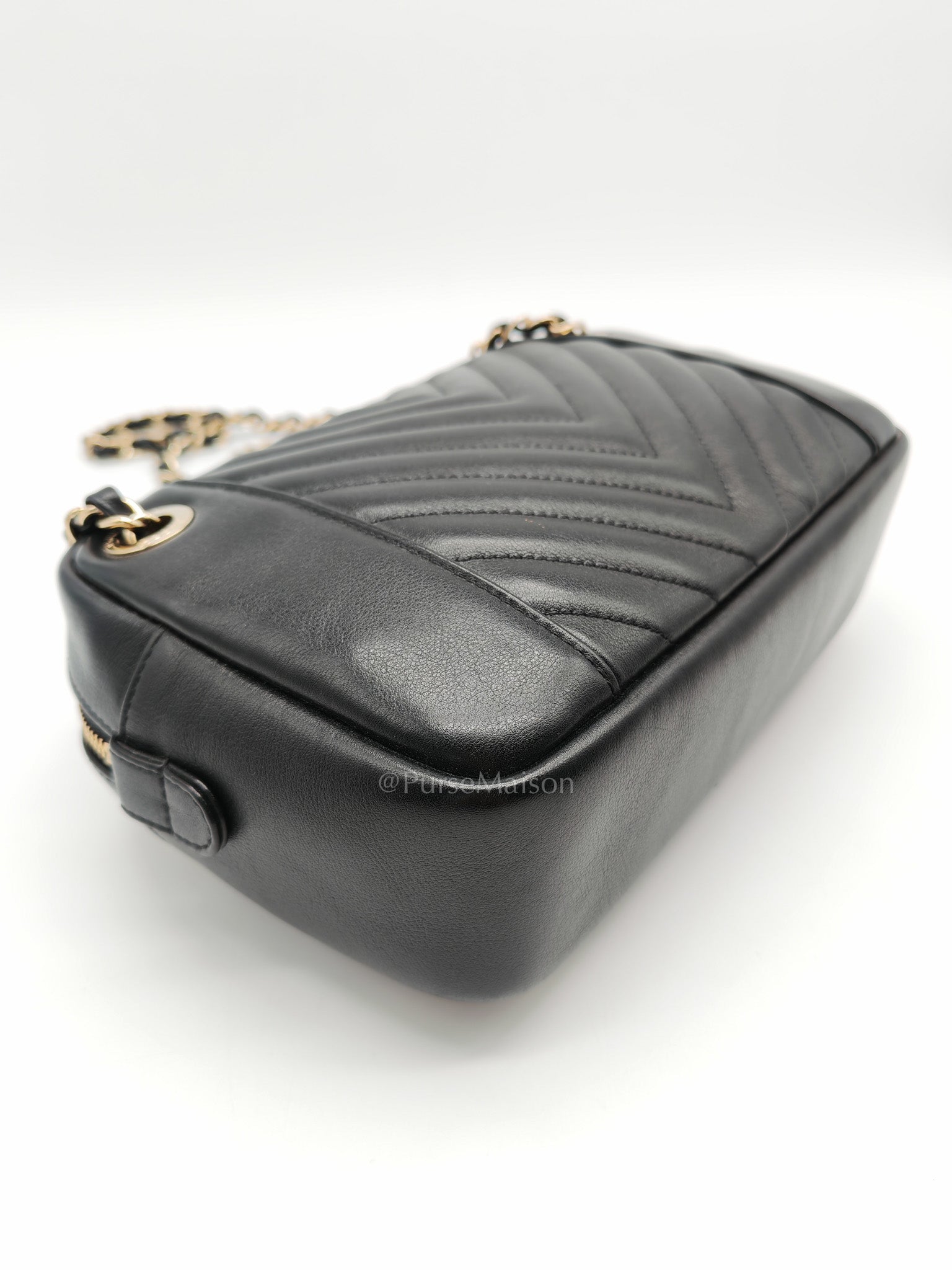 Chanel Chevron Daily Camera Case Bag in Black Calfskin Leather and Light Gold Hardware Series 27
