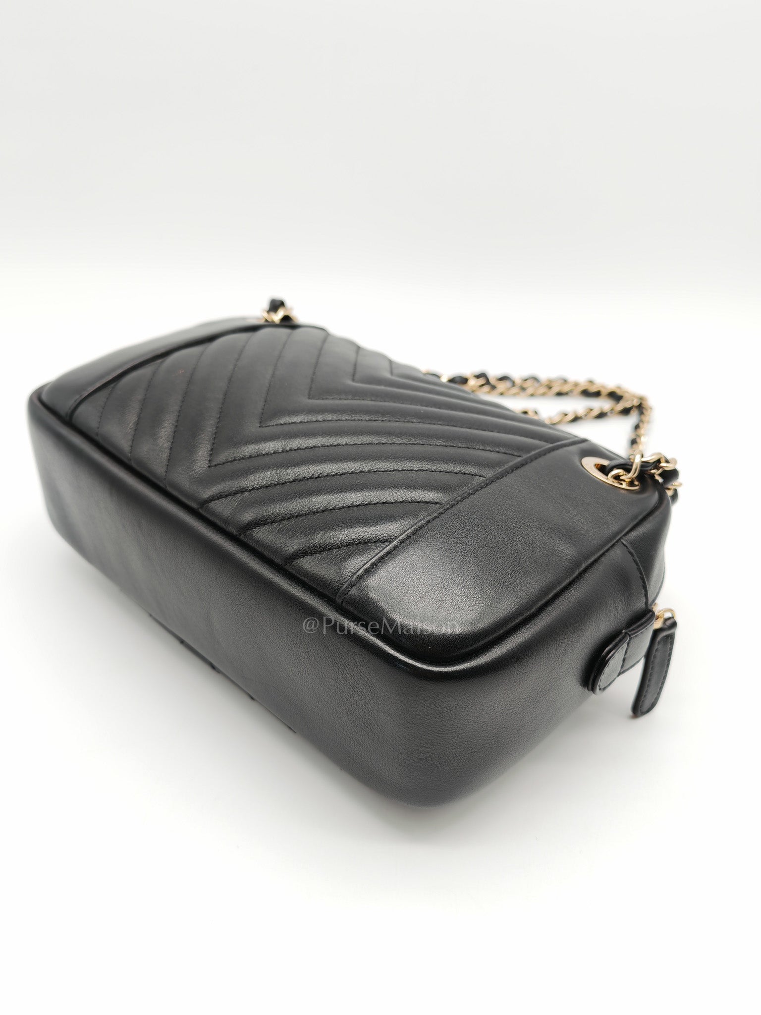 Chanel Chevron Daily Camera Case Bag in Black Calfskin Leather and Light Gold Hardware Series 27