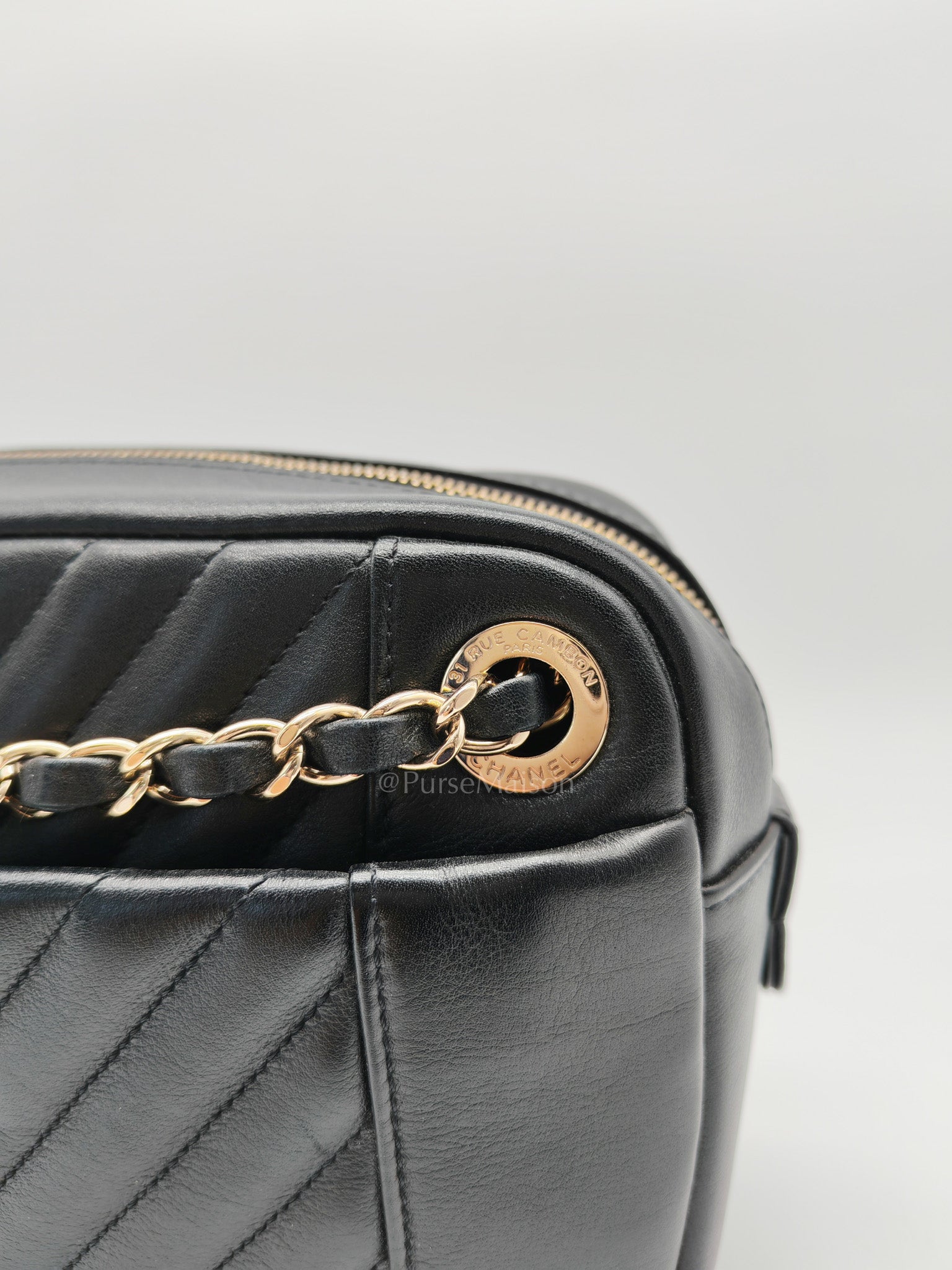 Chanel Chevron Daily Camera Case Bag in Black Calfskin Leather and Light Gold Hardware Series 27