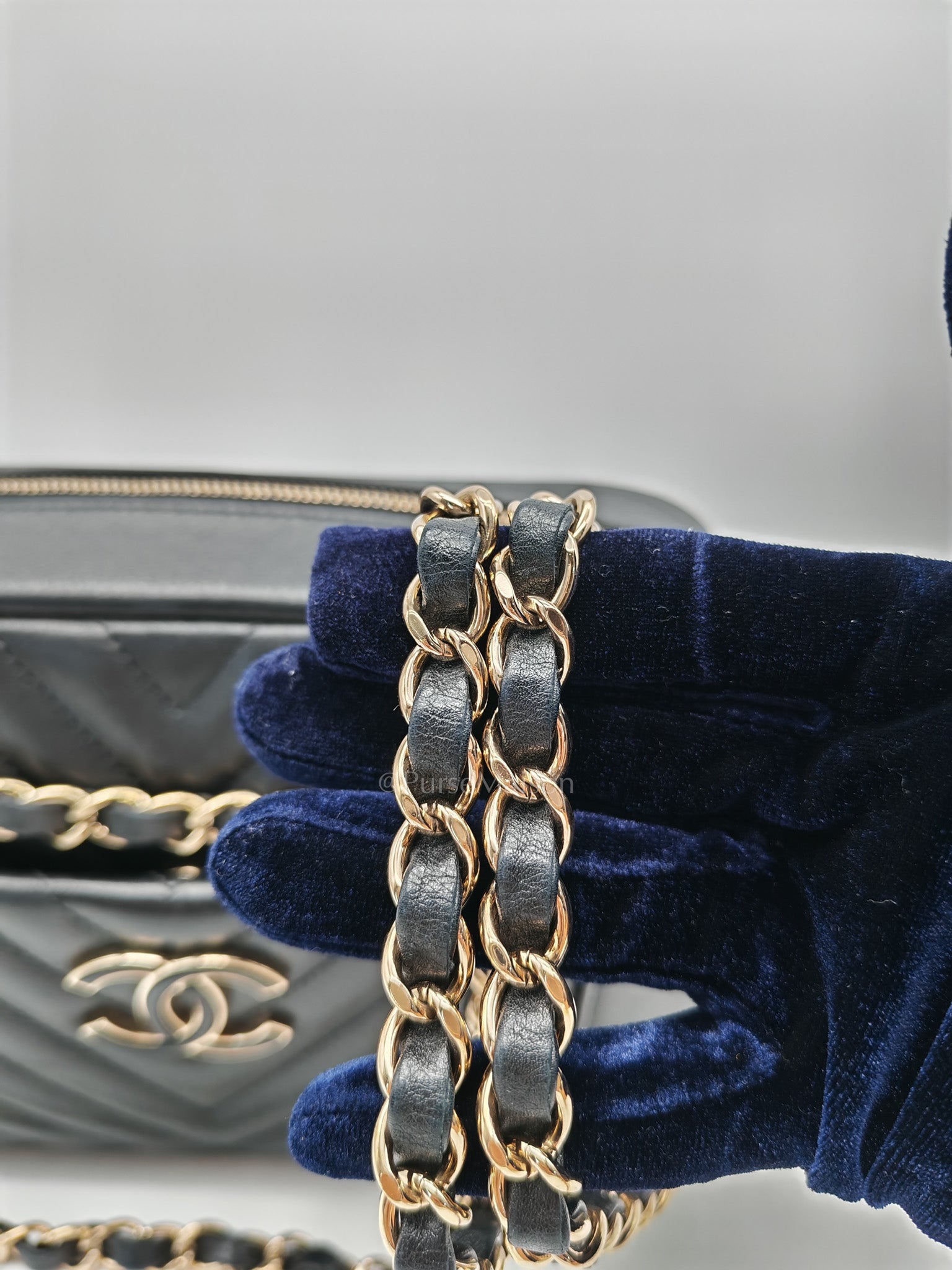 Chanel Chevron Daily Camera Case Bag in Black Calfskin Leather and Light Gold Hardware Series 27