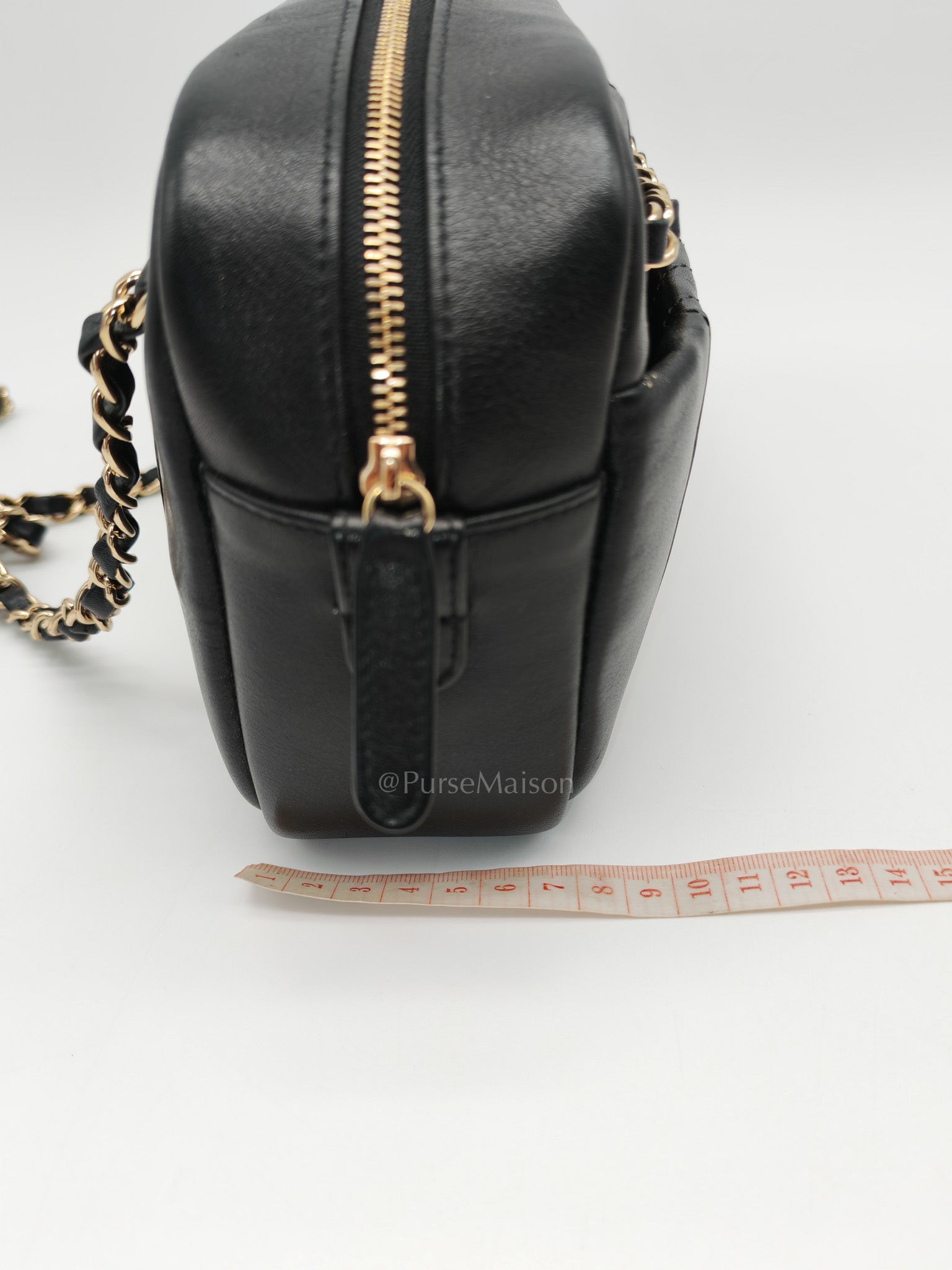 Chanel Chevron Daily Camera Case Bag in Black Calfskin Leather and Light Gold Hardware Series 27