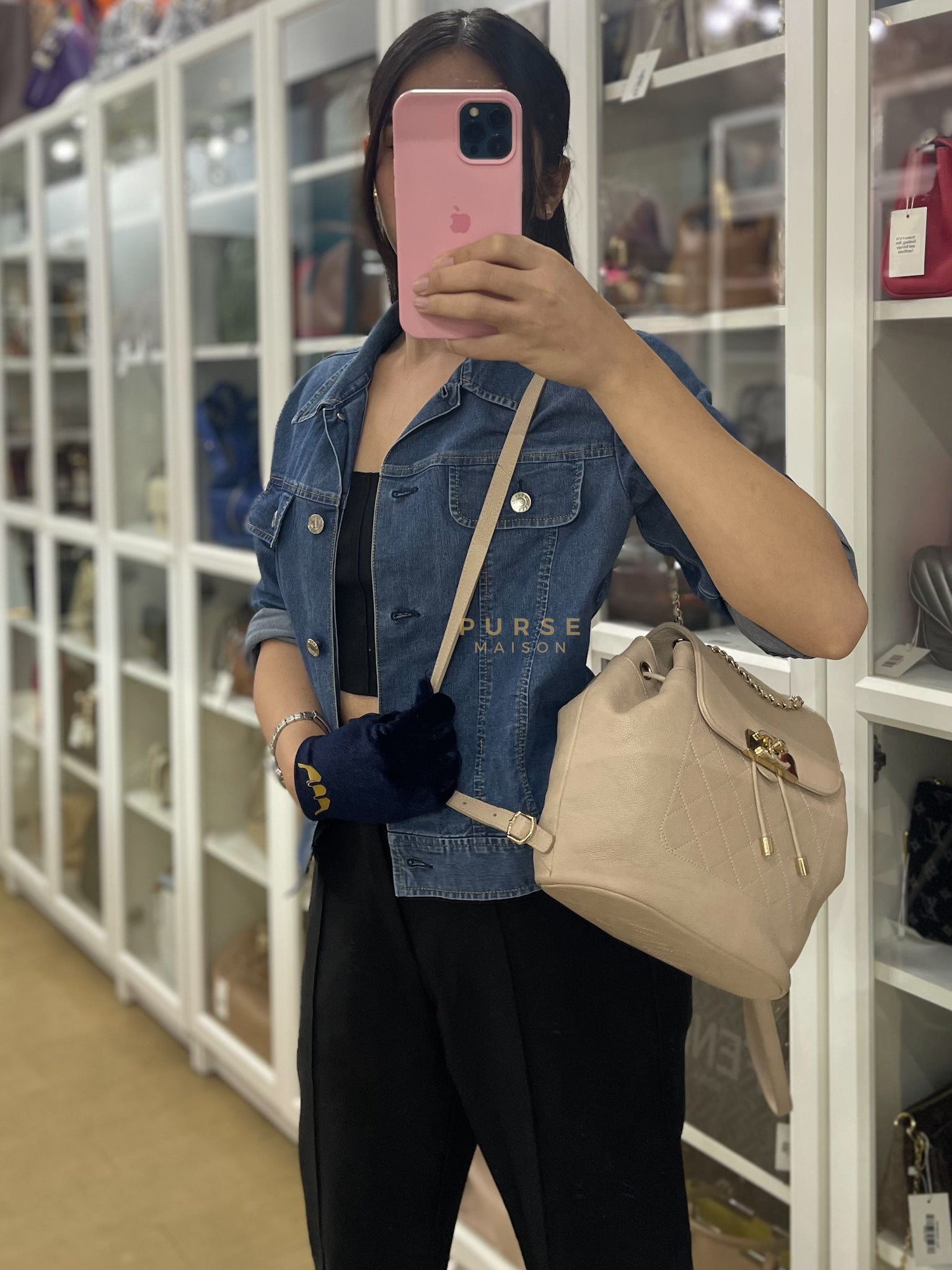 Data Center Backpack in Beige Caviar Leather and Gold Hardware Series 24 | Purse Maison Luxury Bags Shop