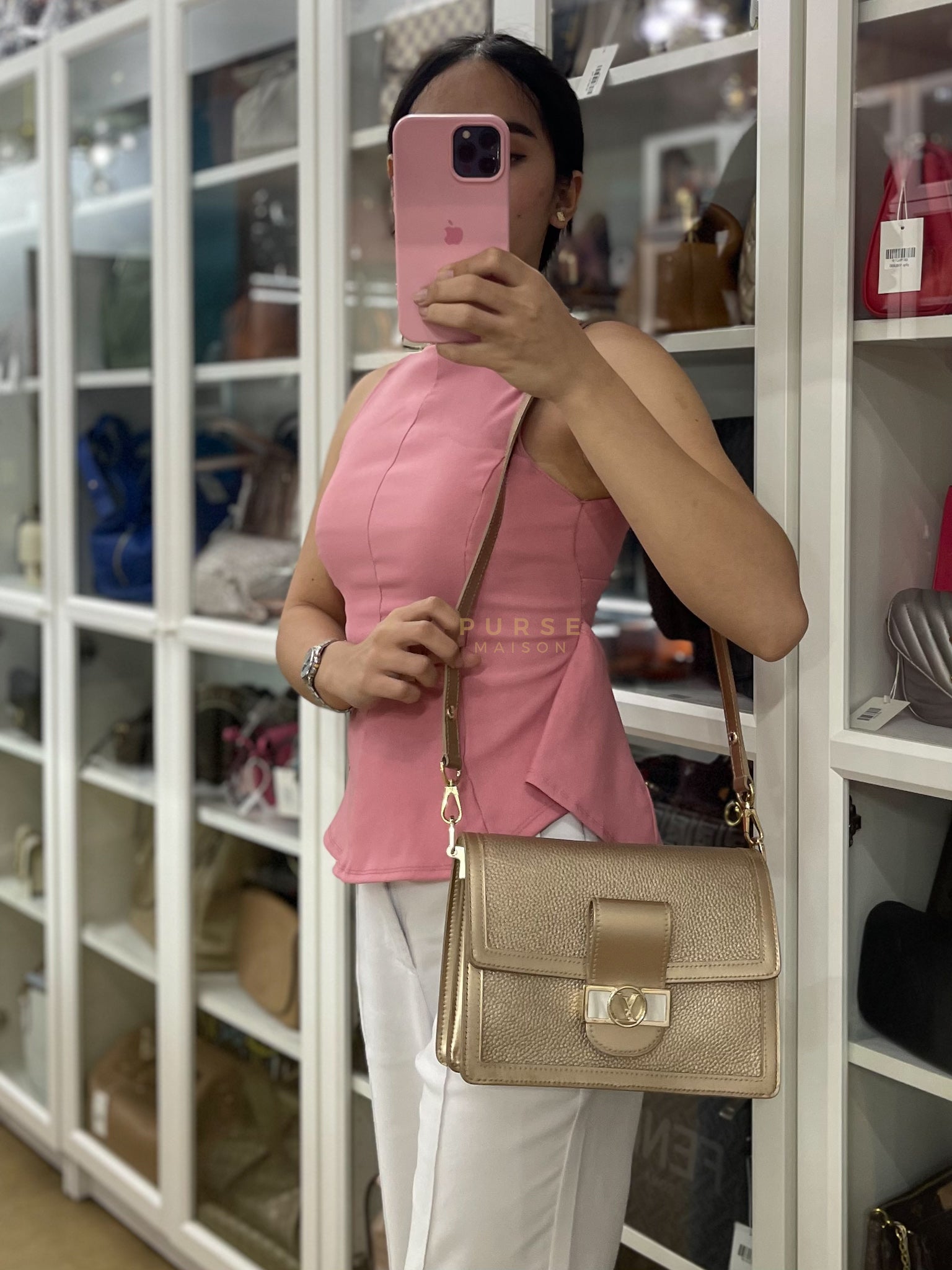 Dauphine PM in Metallic Gold Grained Calfskin Leather (Microchip) | Purse Maison Luxury Bags Shop