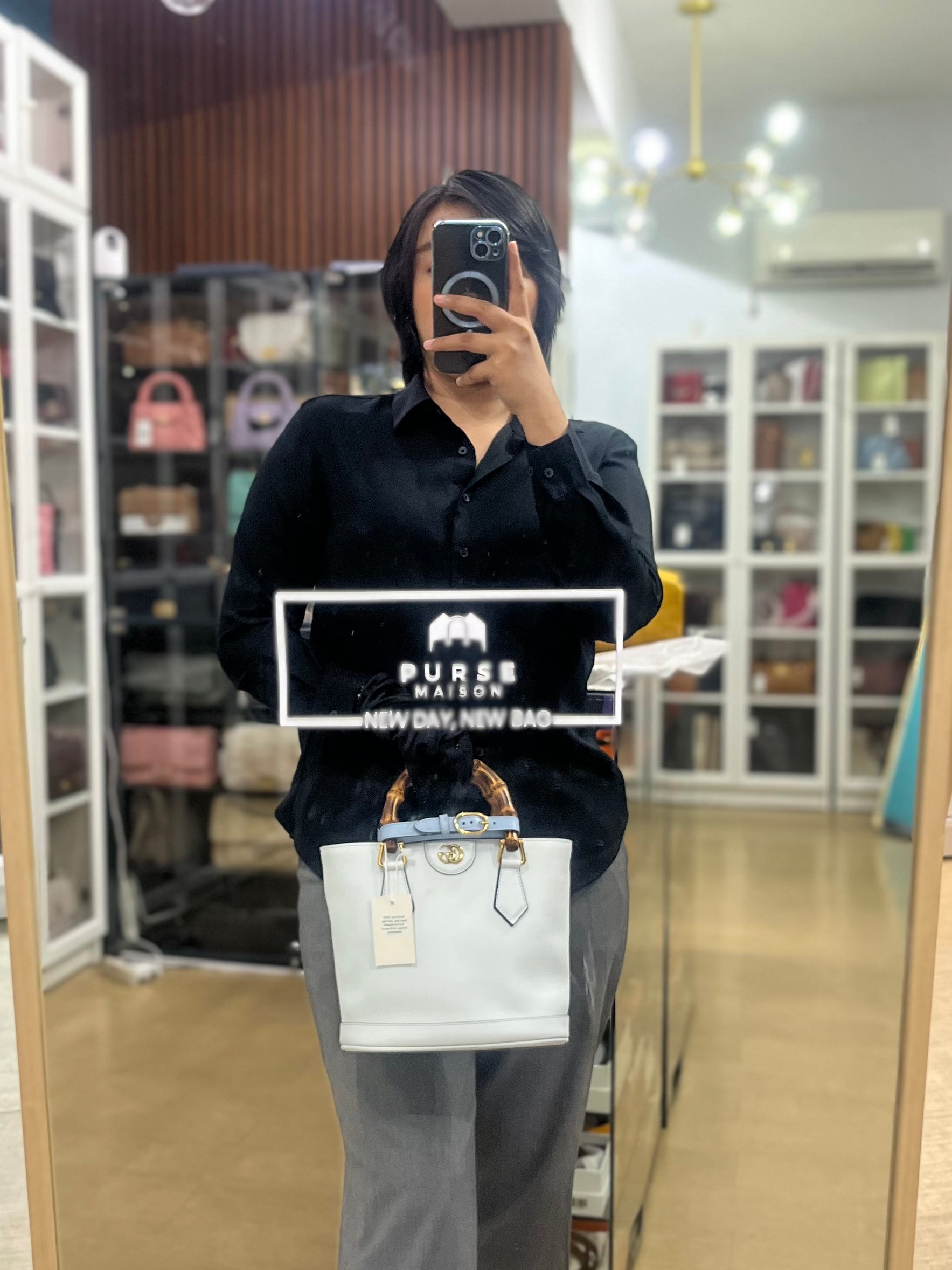 Diana Bamboo Renew in Light Blue Calfskin Leather | Purse Maison Luxury Bags Shop