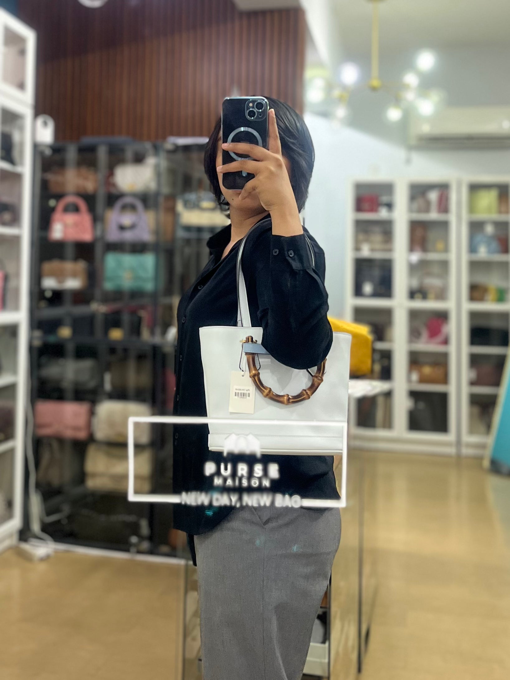 Diana Bamboo Renew in Light Blue Calfskin Leather | Purse Maison Luxury Bags Shop