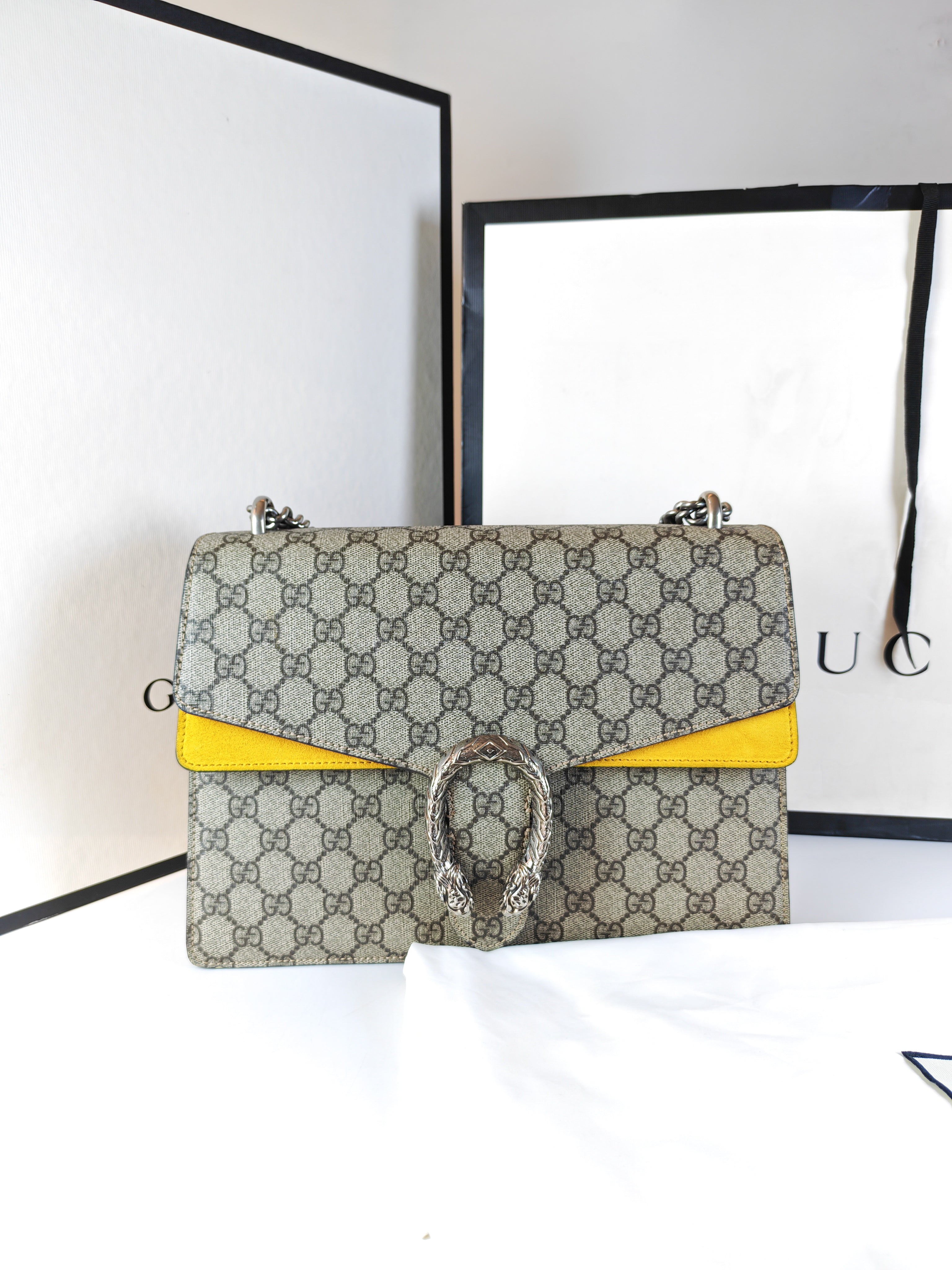 Dionysus Large Shoulder Bag with Yellow Suede and Supreme Canvas | Purse Maison Luxury Bags Shop