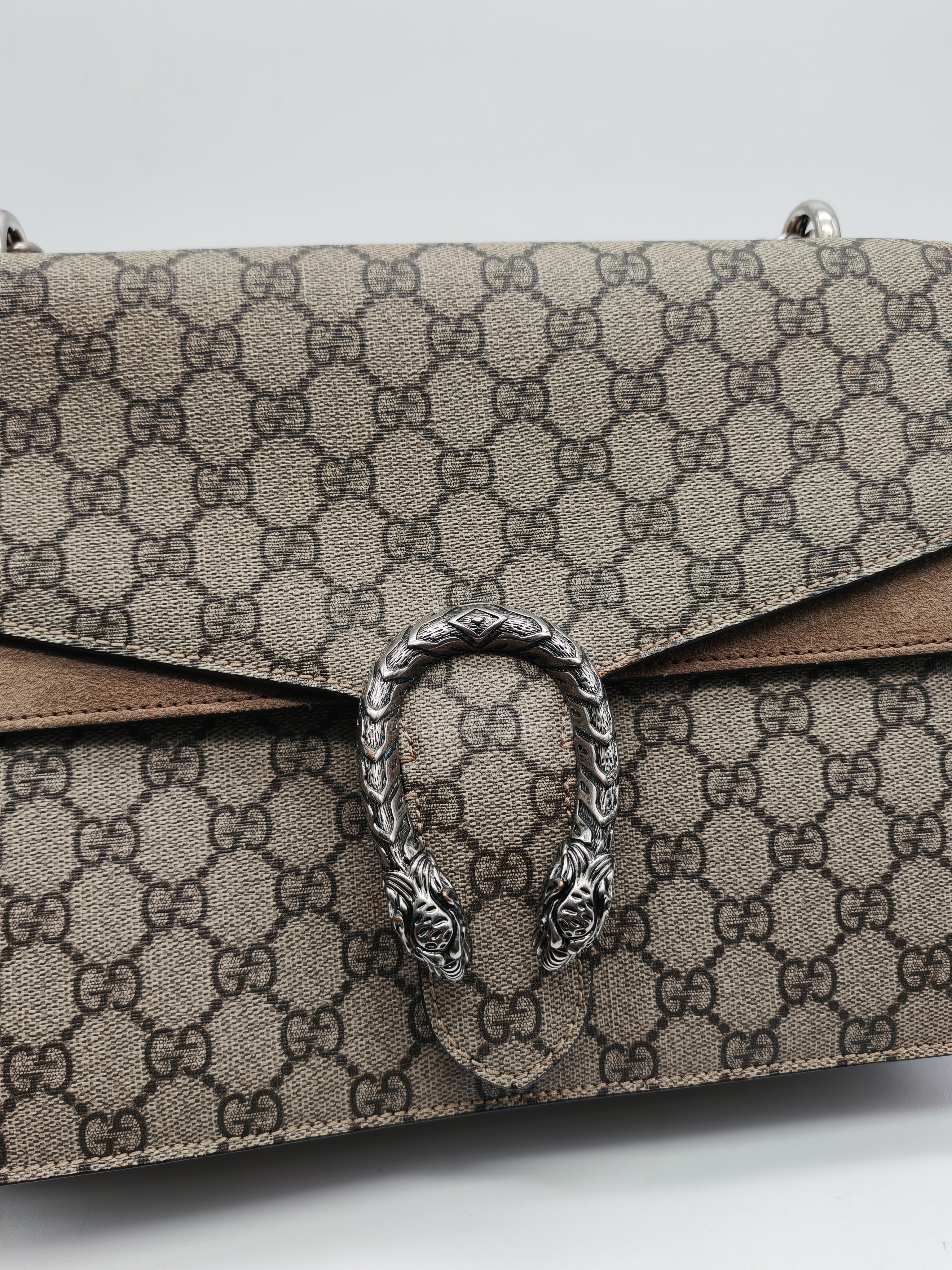 Dionysus Shoulder Bag Medium in GG Supreme Canvas Taupe Suede Leather | Purse Maison Luxury Bags Shop