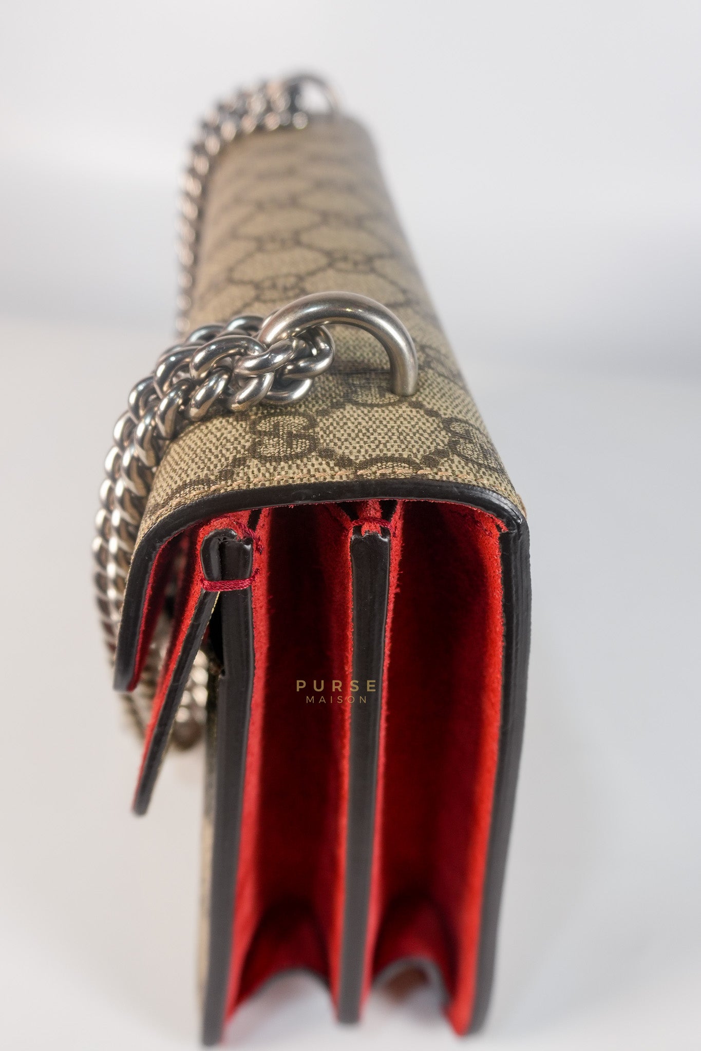 Dionysus Small Bag in Supreme Canvas in PVC Red Suede and Chain Strap | Purse Maison Luxury Bags Shop