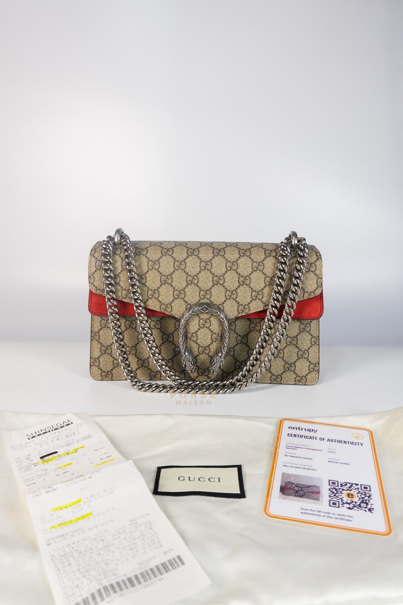 Dionysus Small Bag in Supreme Canvas in PVC Red Suede and Chain Strap | Purse Maison Luxury Bags Shop