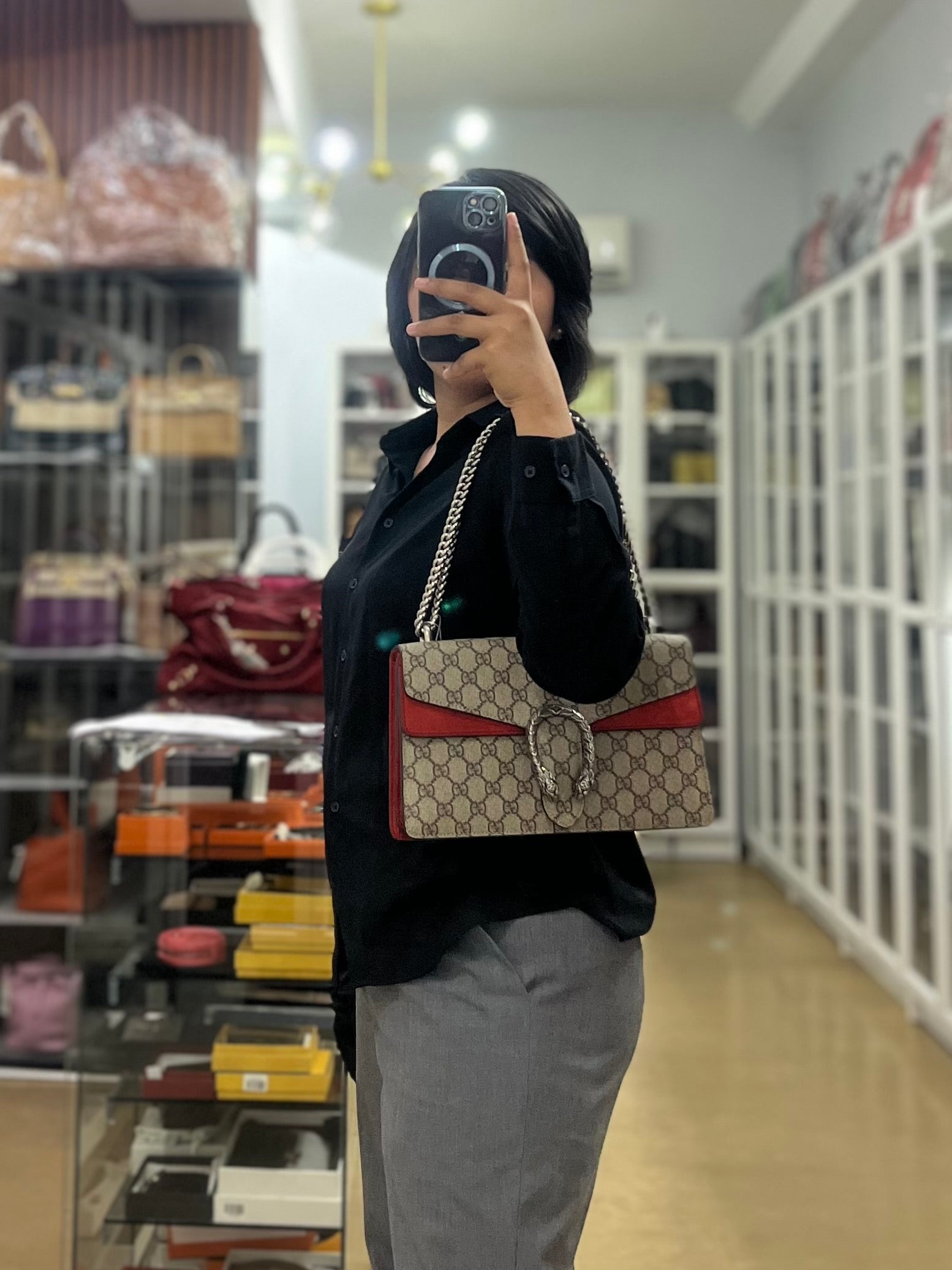 Dionysus Small Bag in Supreme Canvas in PVC Red Suede and Chain Strap | Purse Maison Luxury Bags Shop