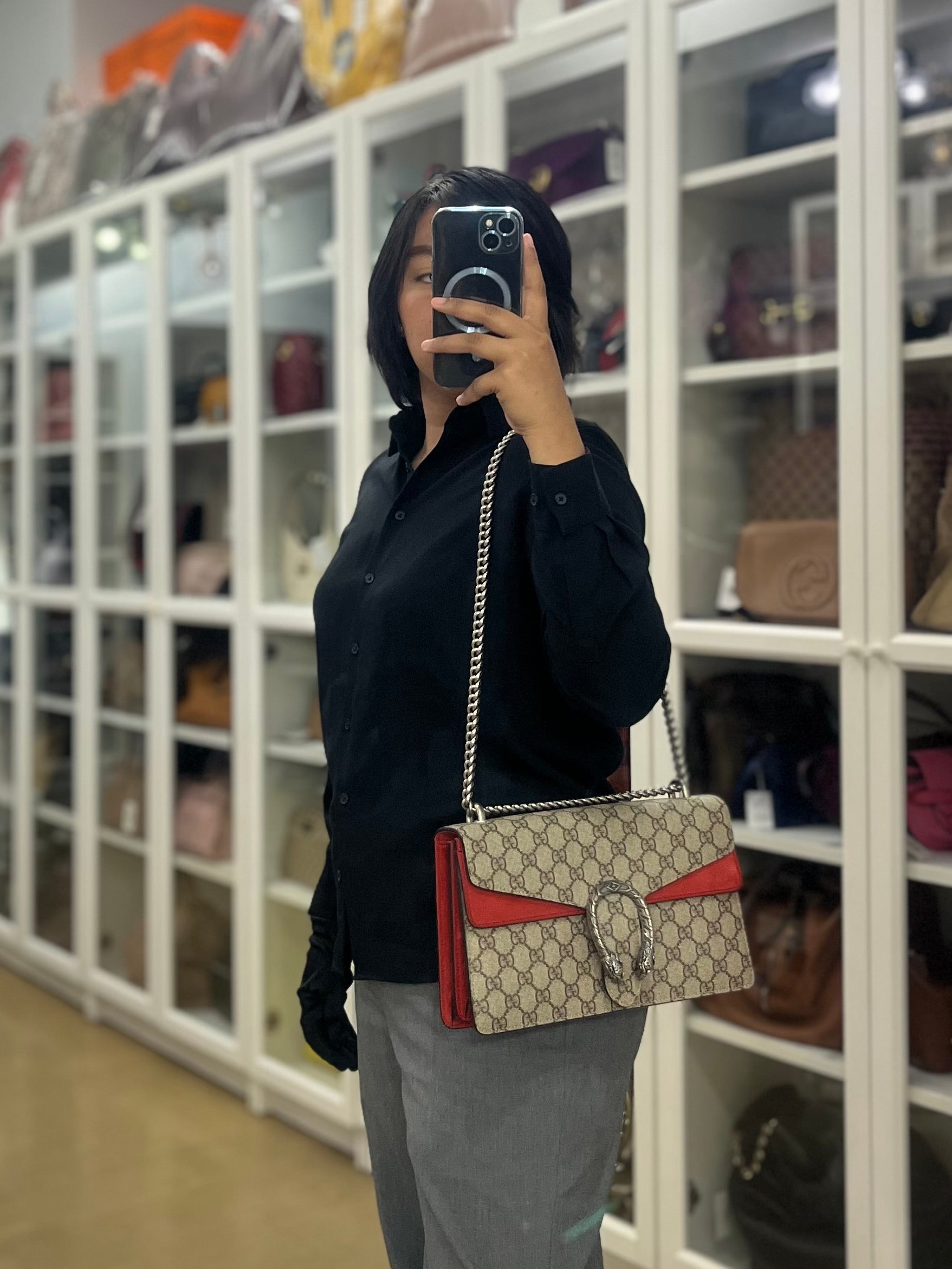 Dionysus Small Bag in Supreme Canvas in PVC Red Suede and Chain Strap | Purse Maison Luxury Bags Shop