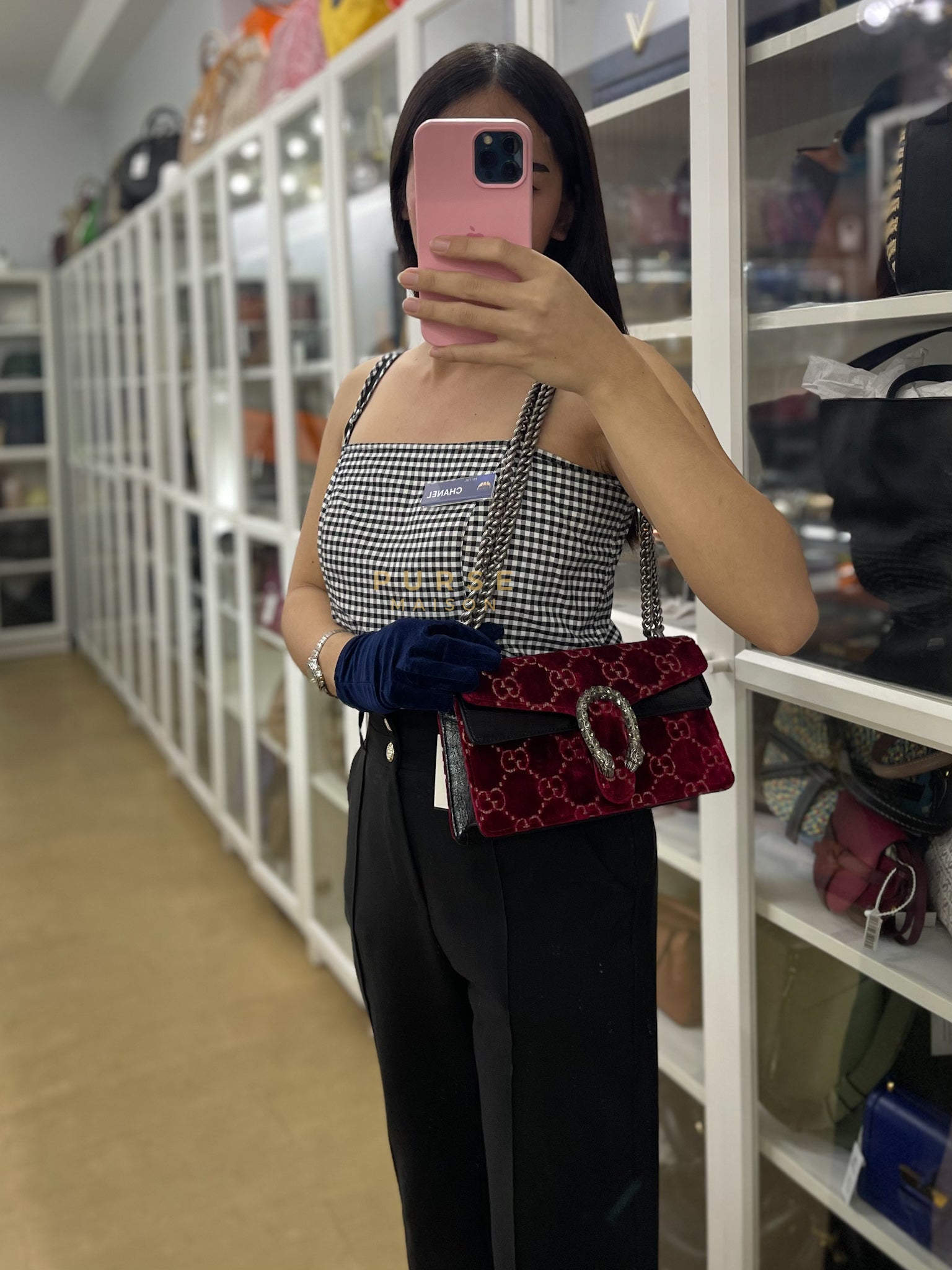 Dionysus Small Shoulder Bag in Red Velvet Leather & Ruthenium Hardware | Purse Maison Luxury Bags Shop