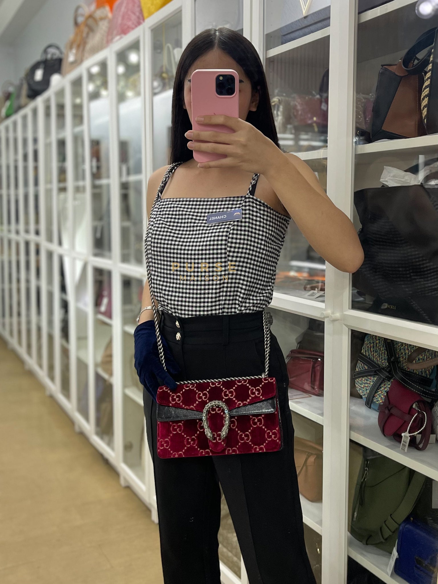 Dionysus Small Shoulder Bag in Red Velvet Leather & Ruthenium Hardware | Purse Maison Luxury Bags Shop