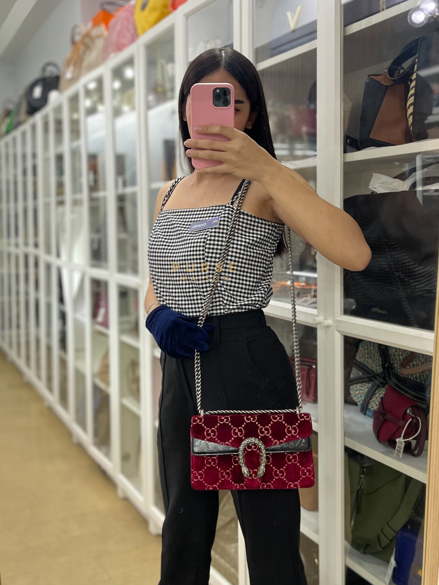 Dionysus Small Shoulder Bag in Red Velvet Leather & Ruthenium Hardware | Purse Maison Luxury Bags Shop