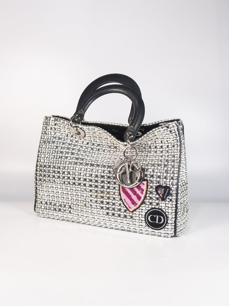 Diorissimo Tote Bag in Silver/Black Metallic Tweed Silver Hardware | Purse Maison Luxury Bags Shop